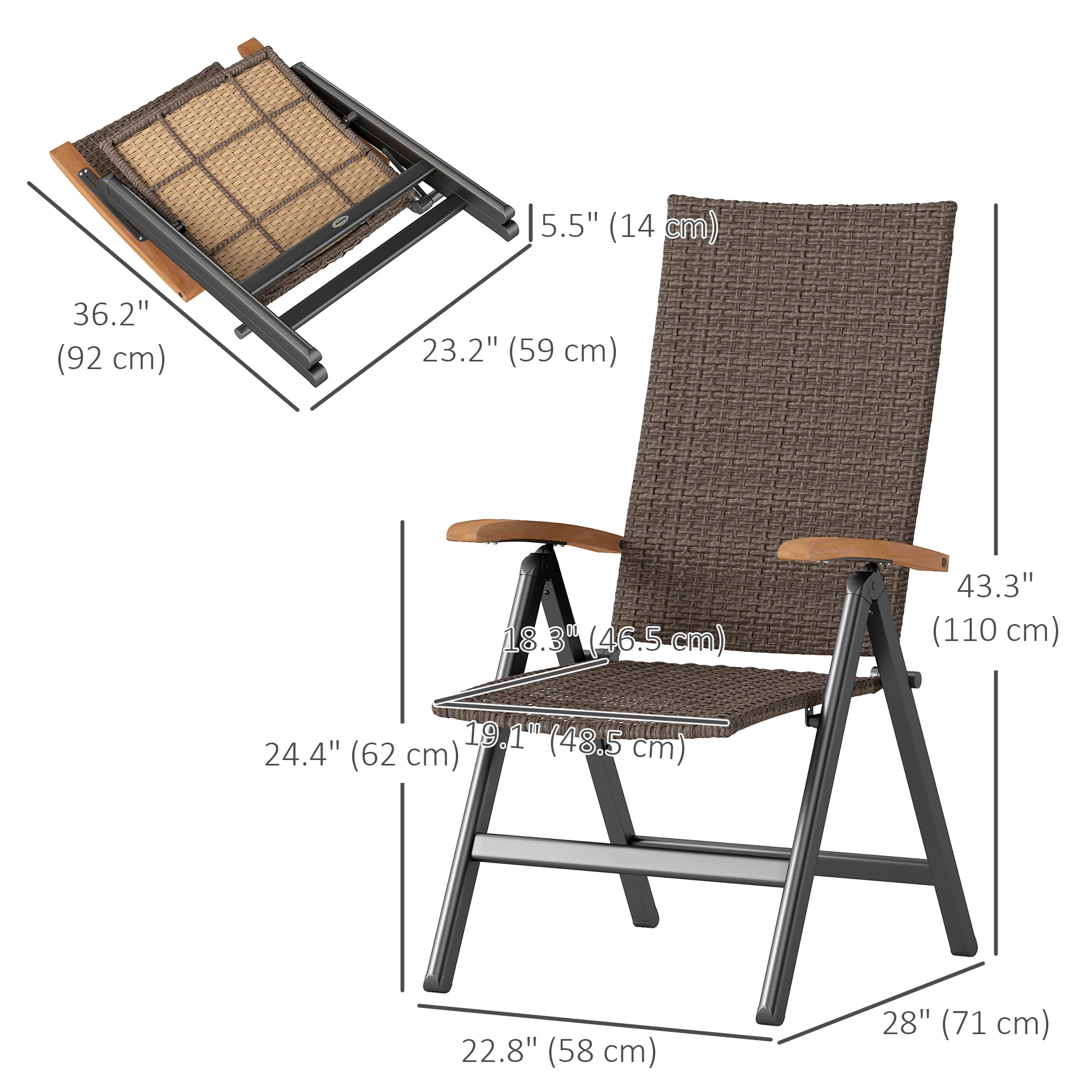 Folding Patio Wicker Dining Chair with Steel Frame, Armrest & Backrest for Outdoor, Brown - Image 5