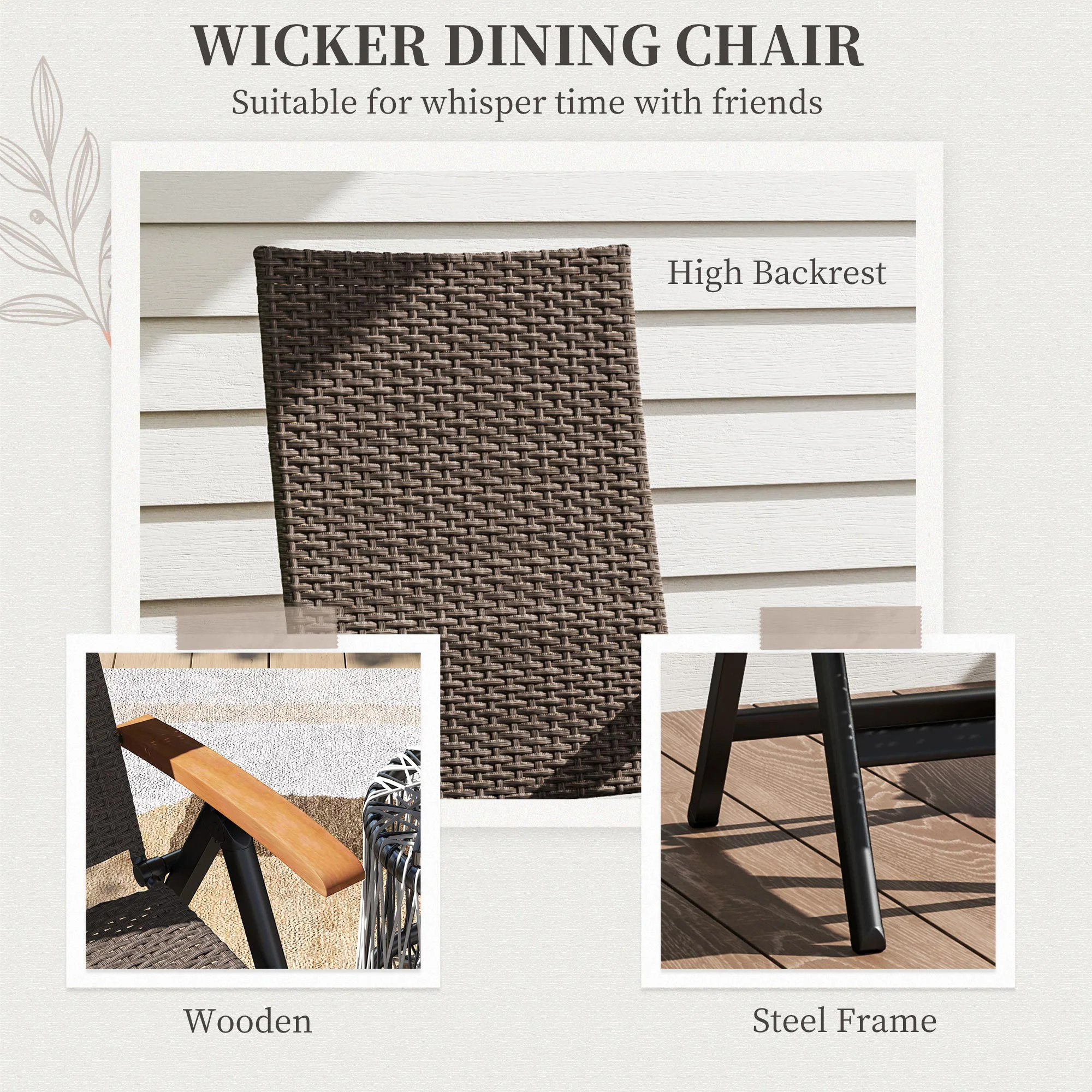 Folding Patio Wicker Dining Chair with Steel Frame, Armrest & Backrest for Outdoor, Brown - Image 6