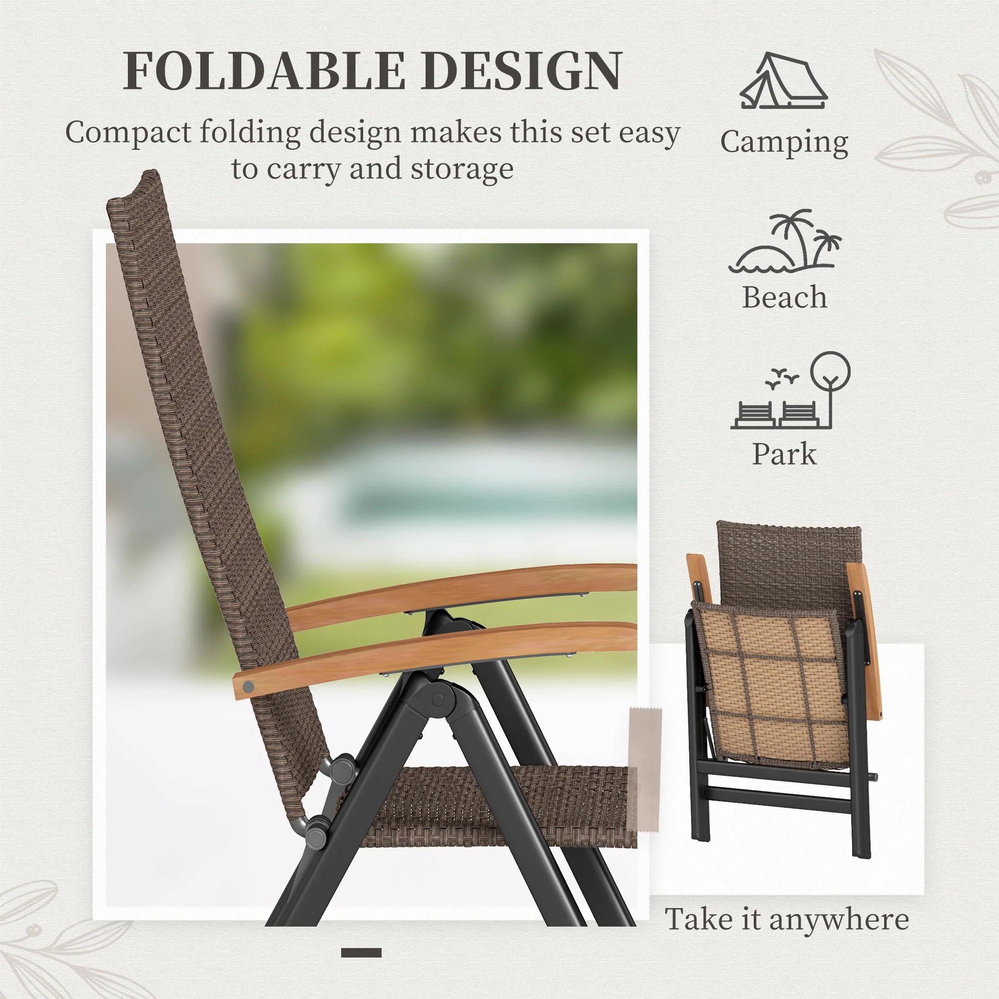 Folding Patio Wicker Dining Chair with Steel Frame, Armrest & Backrest for Outdoor, Brown - Image 8