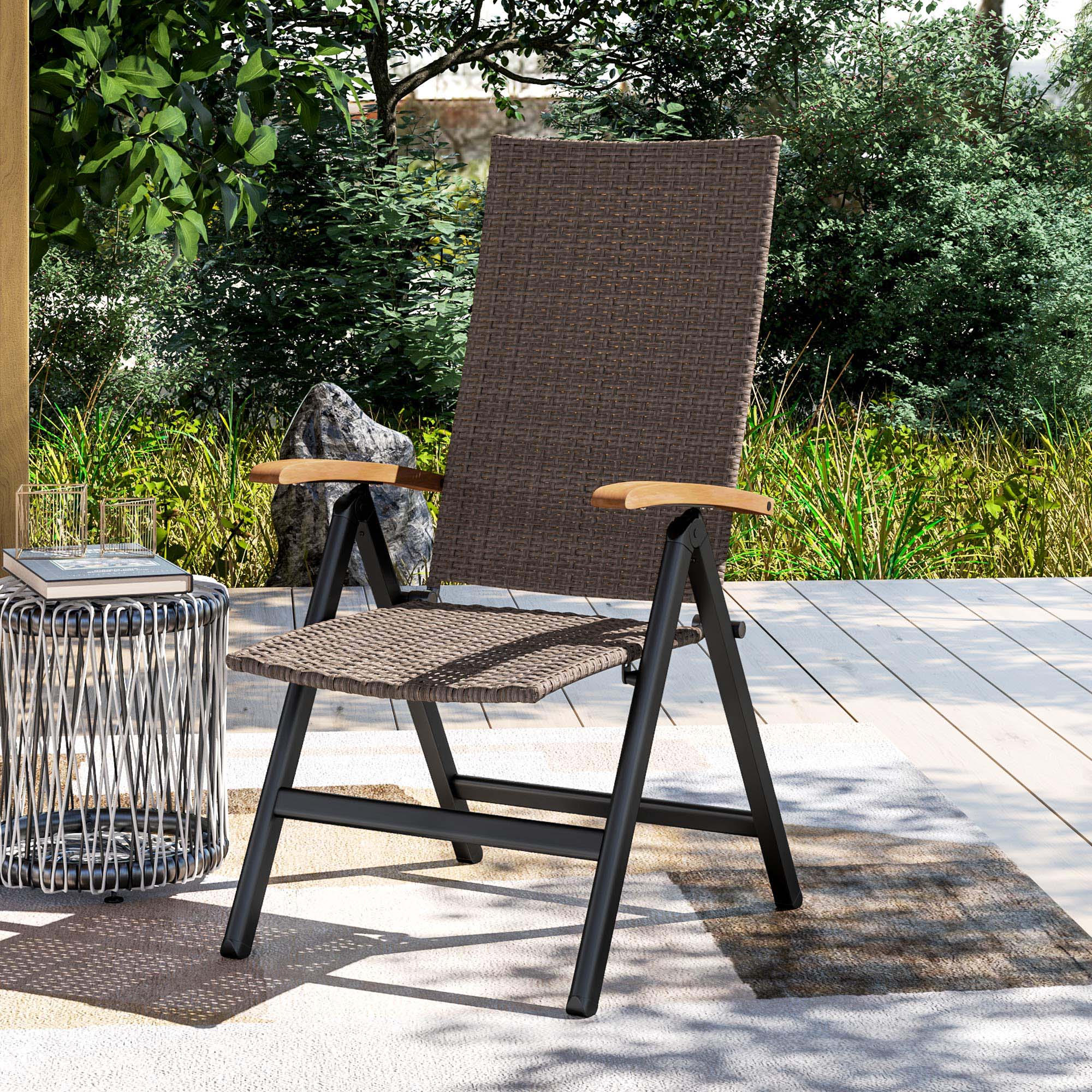 Folding Patio Wicker Dining Chair with Steel Frame, Armrest & Backrest for Outdoor, Brown - Image 9
