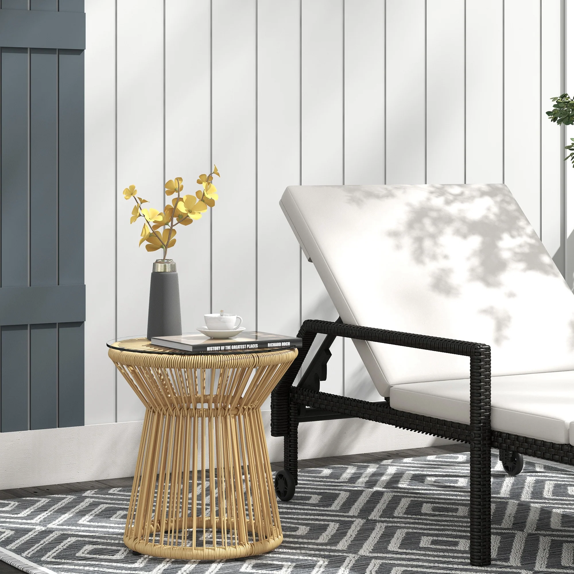 Rattan Round End Table with Hollow Drum Design & Glass Tabletop for Patio, Beige - Image 4