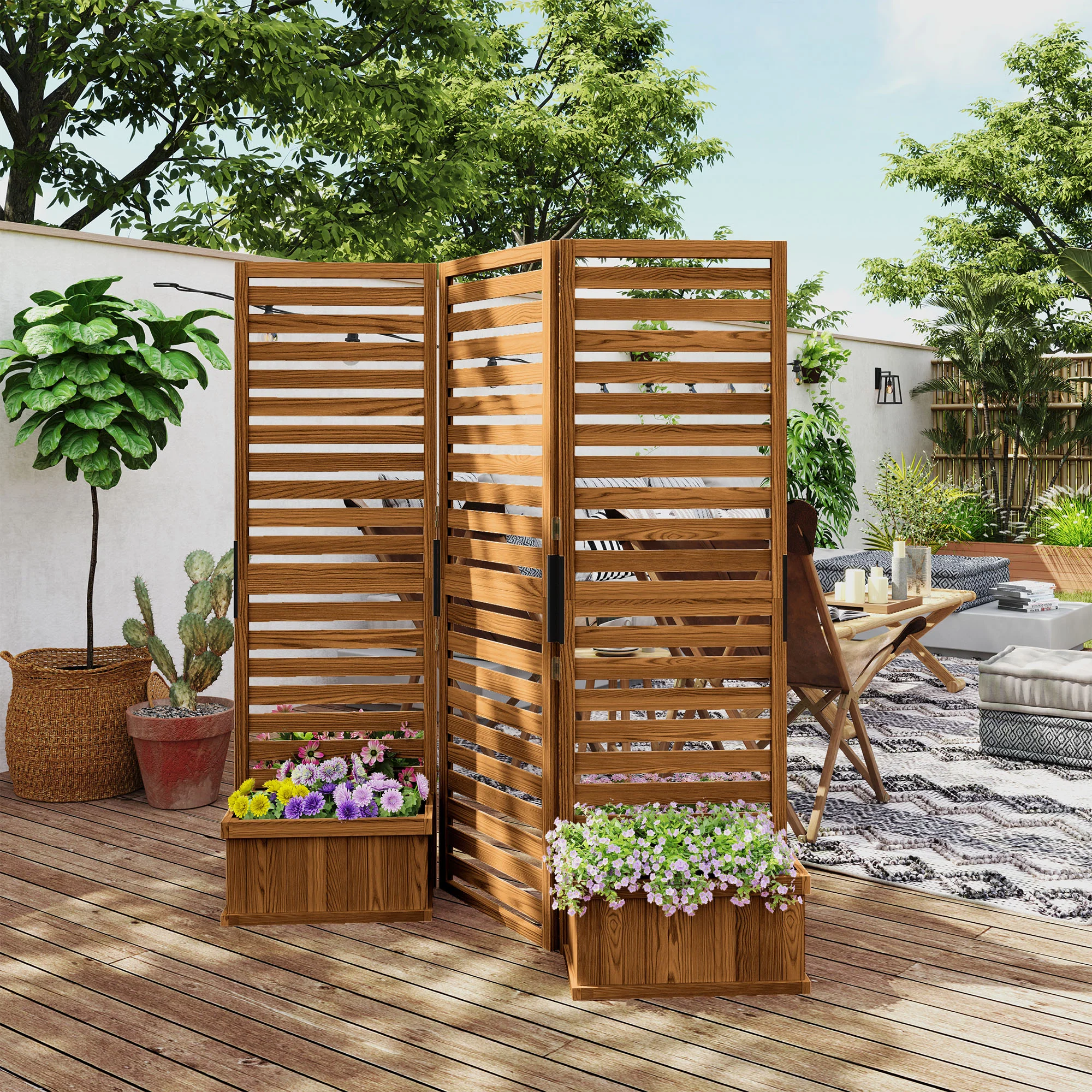 3 Panels Outdoor Privacy Screen Wood Privacy Panel with 4 Self-Draining Planters, Natural - Image 3