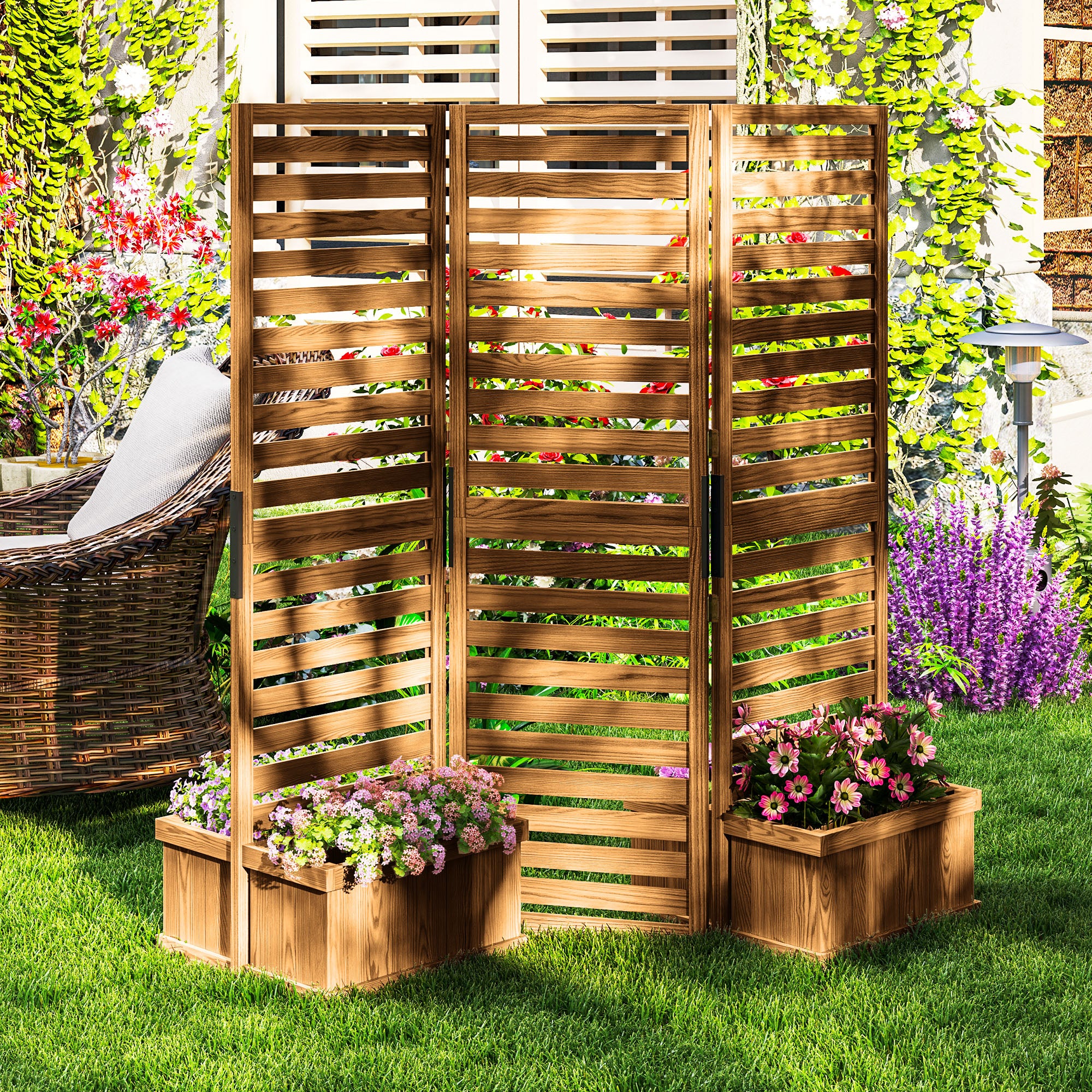 3 Panels Outdoor Privacy Screen Wood Privacy Panel with 4 Self-Draining Planters, Natural - Image 4