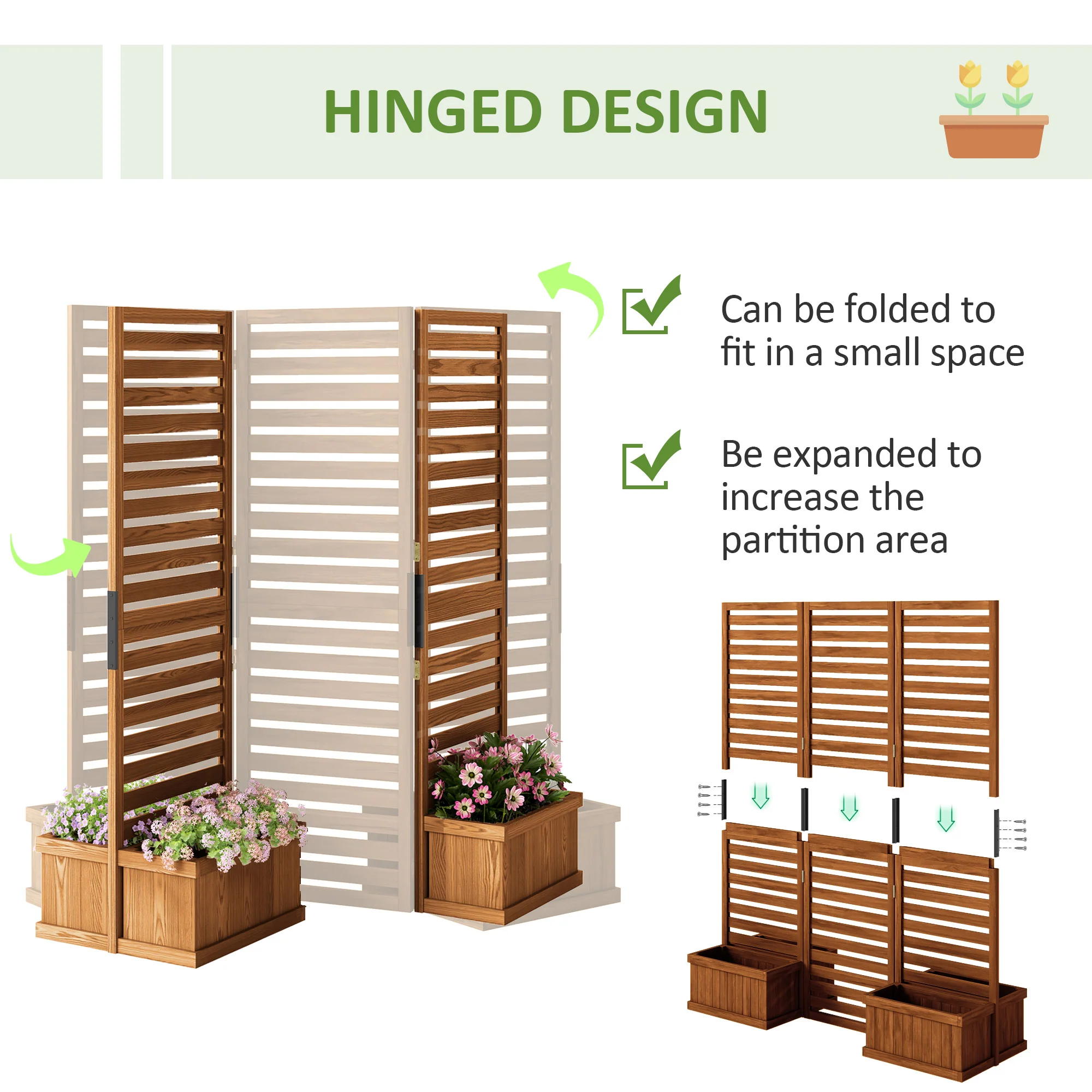 3 Panels Outdoor Privacy Screen Wood Privacy Panel with 4 Self-Draining Planters, Natural - Image 7