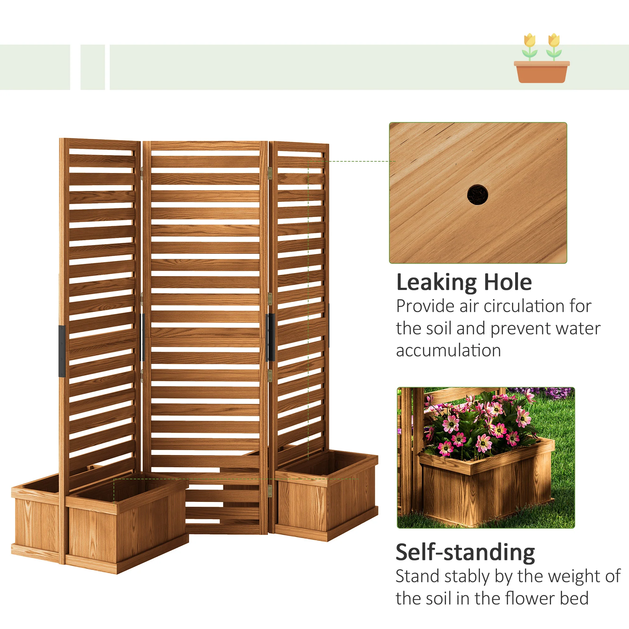 3 Panels Outdoor Privacy Screen Wood Privacy Panel with 4 Self-Draining Planters, Natural - Image 8