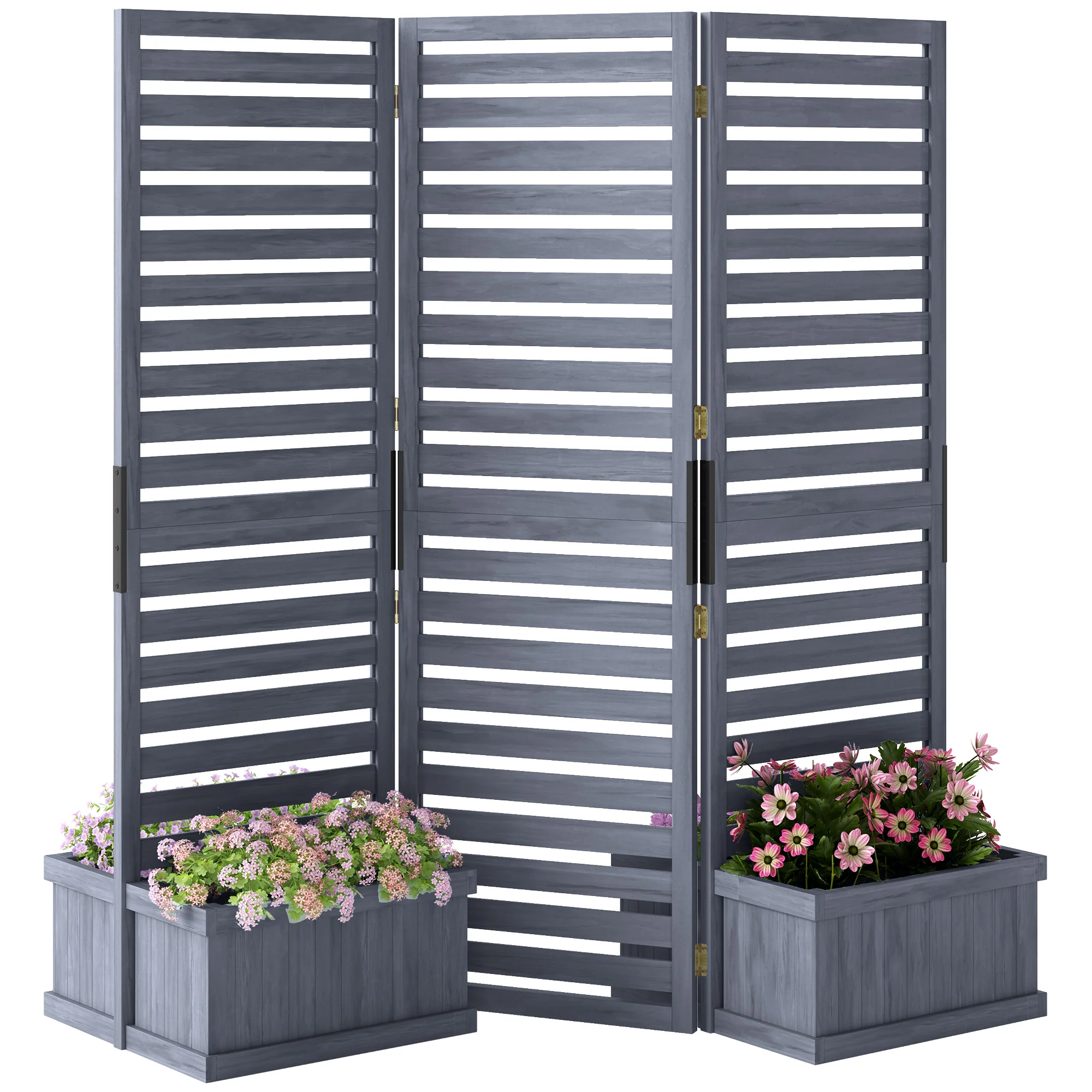 3 Panels Outdoor Privacy Screen Wood Privacy Panel with 4 Self-Draining Planters, Grey