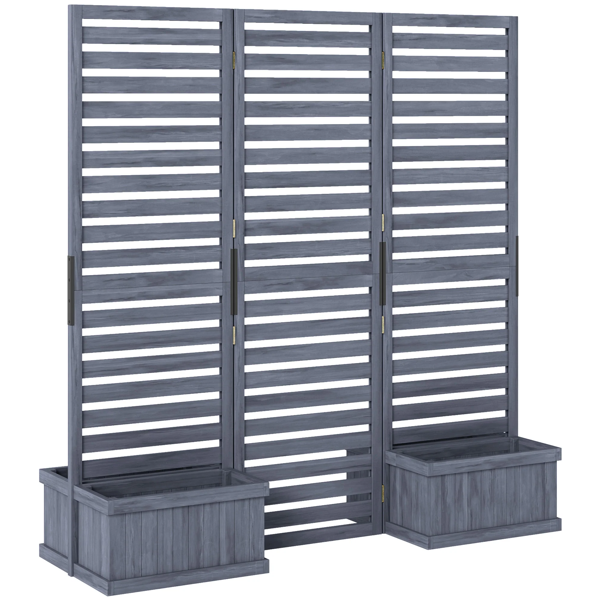 3 Panels Outdoor Privacy Screen Wood Privacy Panel with 4 Self-Draining Planters, Grey - Image 2