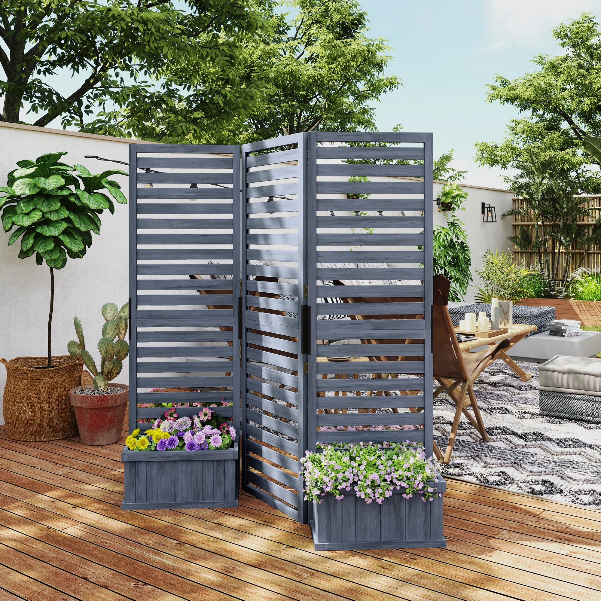 3 Panels Outdoor Privacy Screen Wood Privacy Panel with 4 Self-Draining Planters, Grey - Image 3