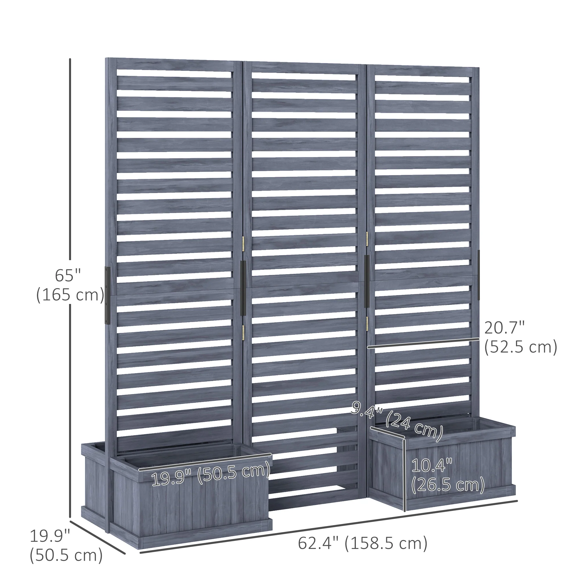 3 Panels Outdoor Privacy Screen Wood Privacy Panel with 4 Self-Draining Planters, Grey - Image 5