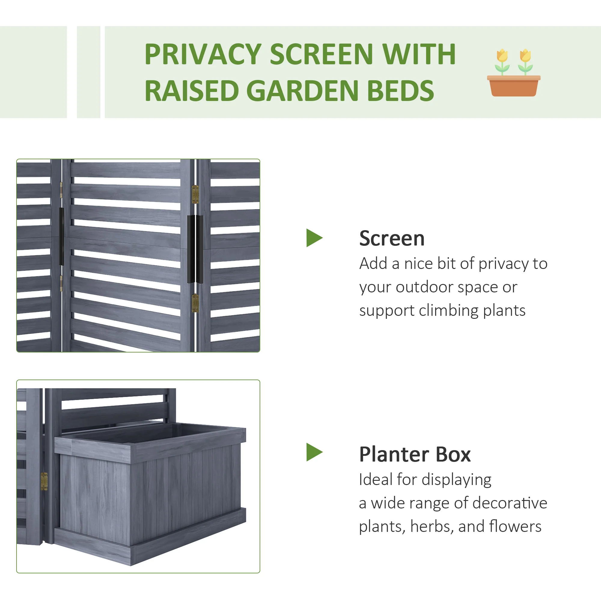 3 Panels Outdoor Privacy Screen Wood Privacy Panel with 4 Self-Draining Planters, Grey - Image 6