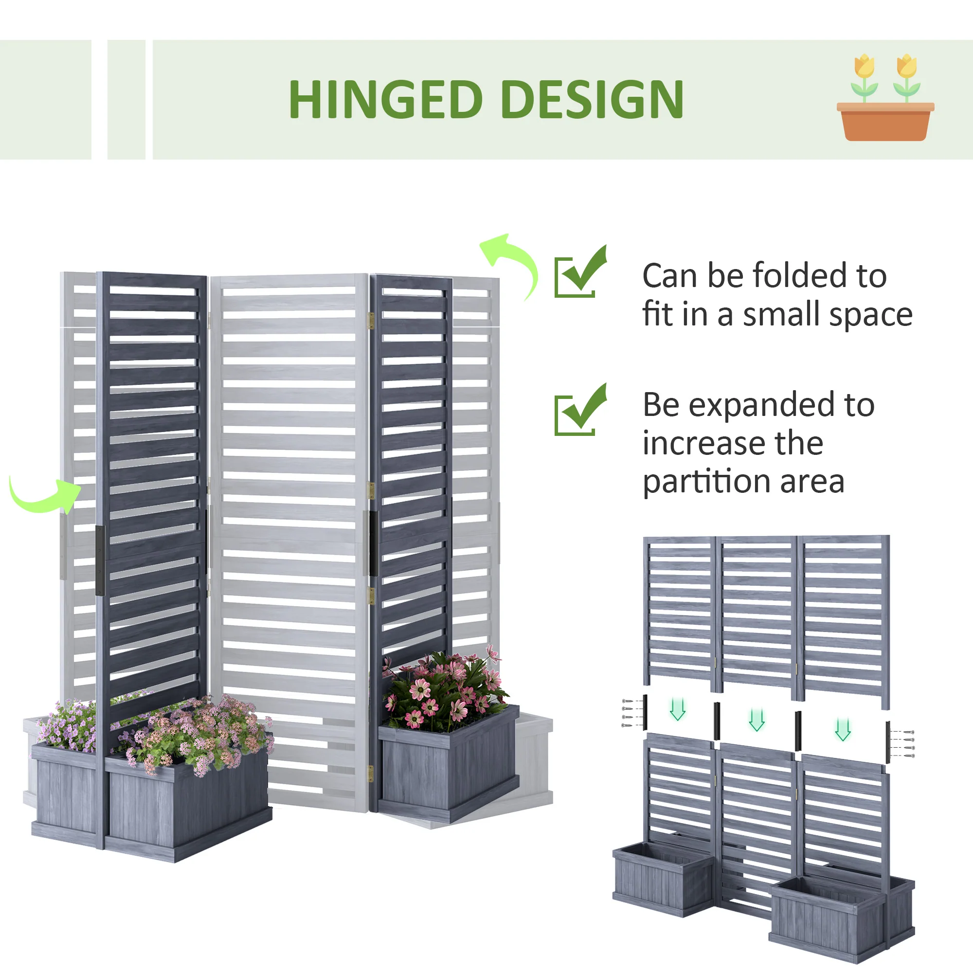 3 Panels Outdoor Privacy Screen Wood Privacy Panel with 4 Self-Draining Planters, Grey - Image 7