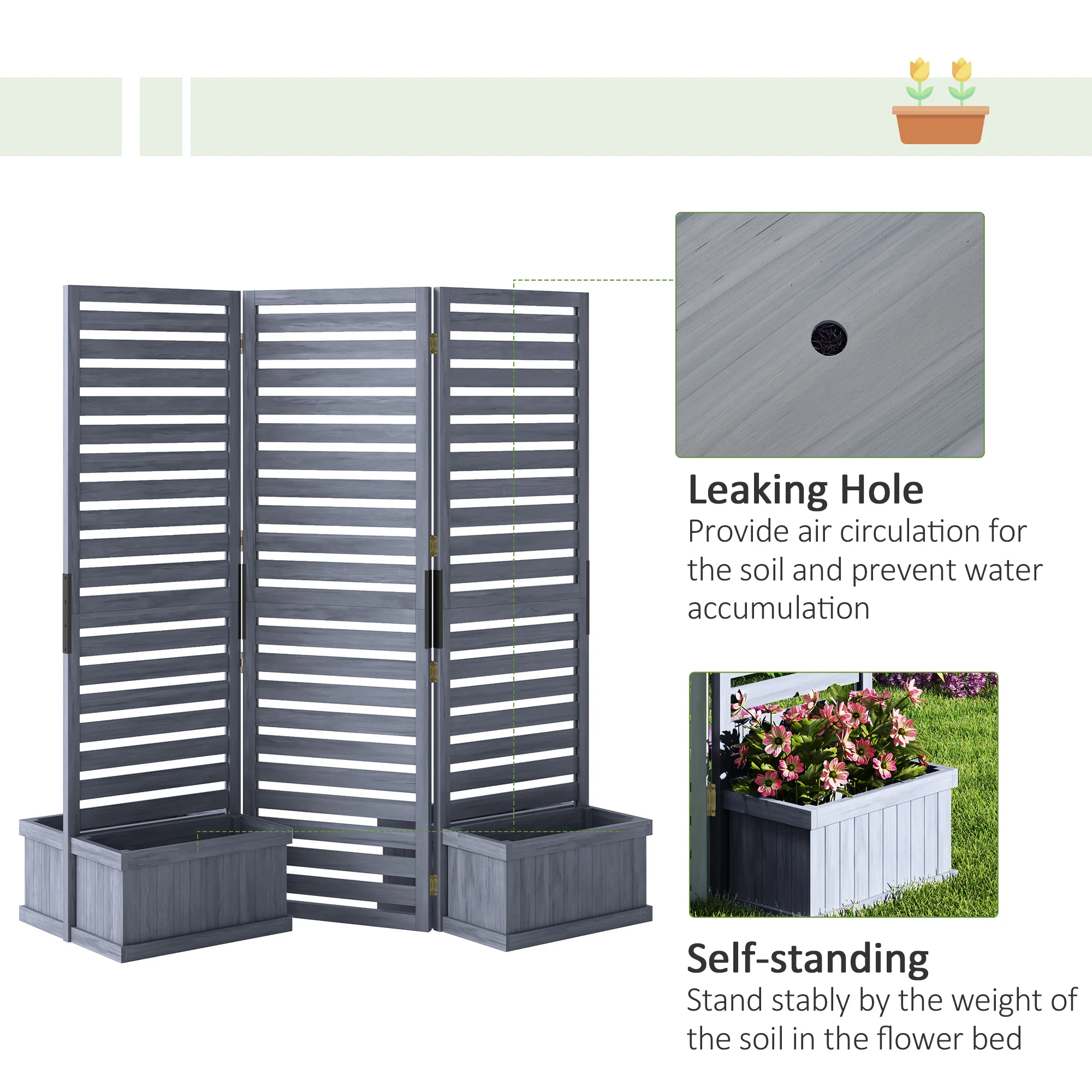 3 Panels Outdoor Privacy Screen Wood Privacy Panel with 4 Self-Draining Planters, Grey - Image 8