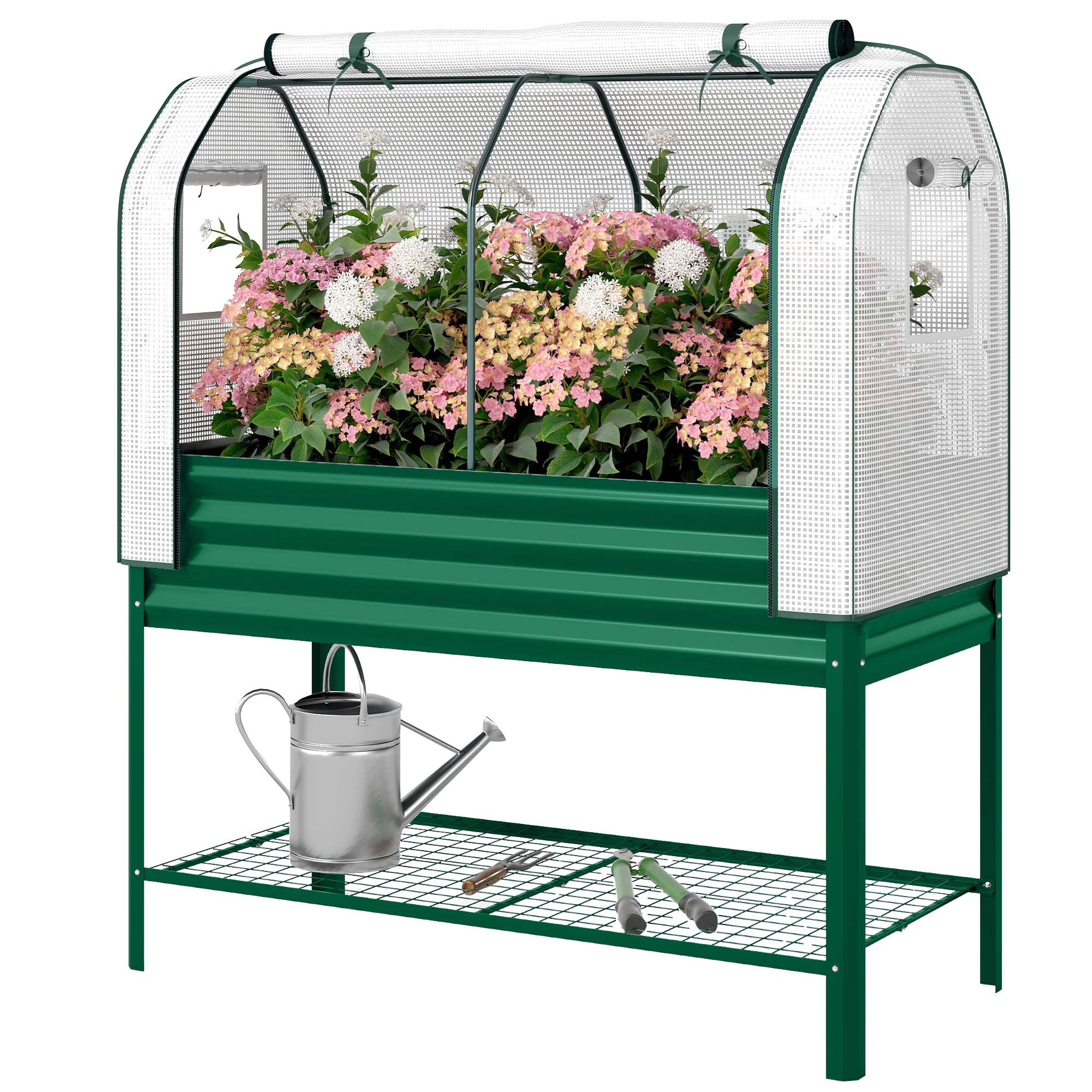 Galvanized Raised Garden Bed with Greenhouse Cover, Green - Image 2
