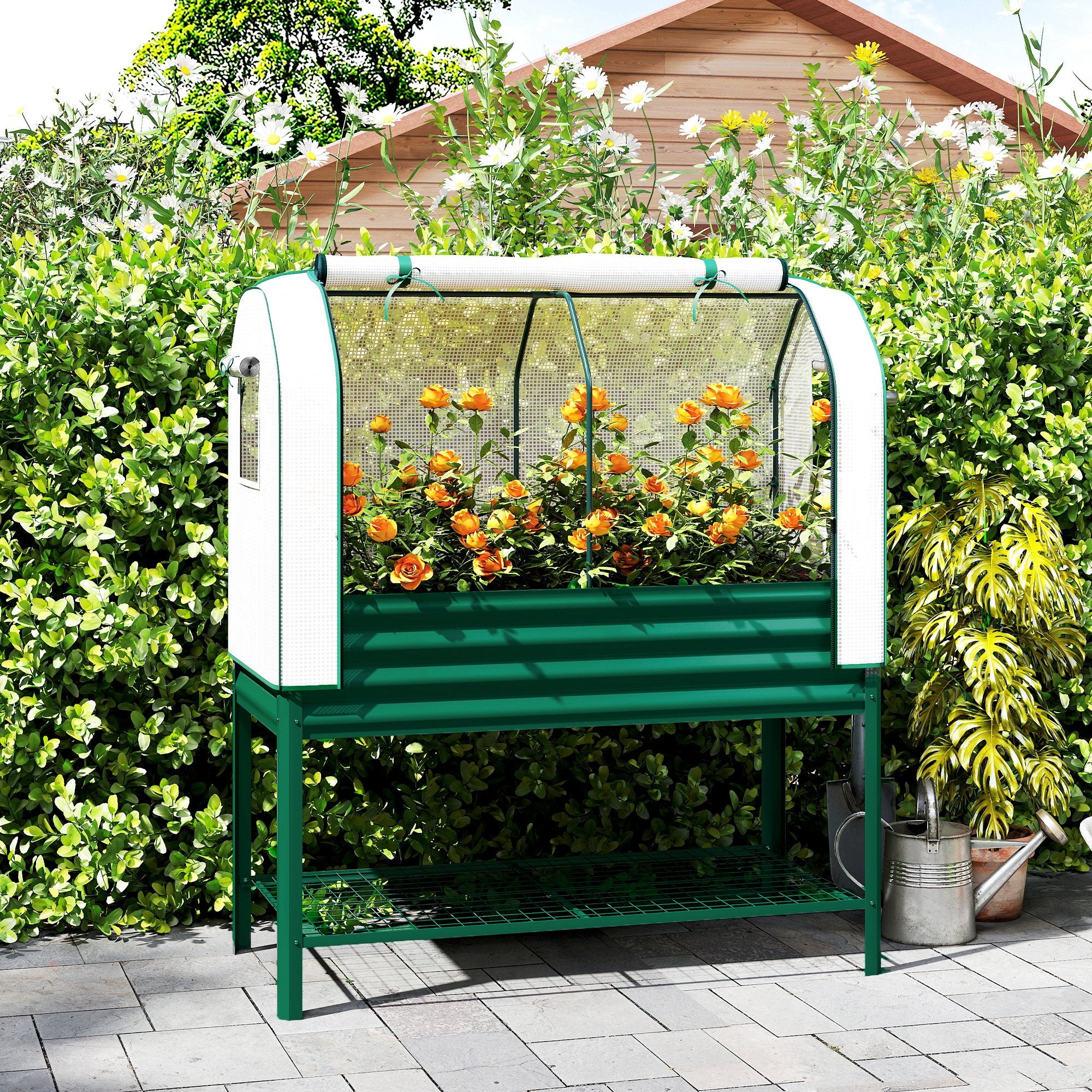 Galvanized Raised Garden Bed with Greenhouse Cover, Green - Image 3
