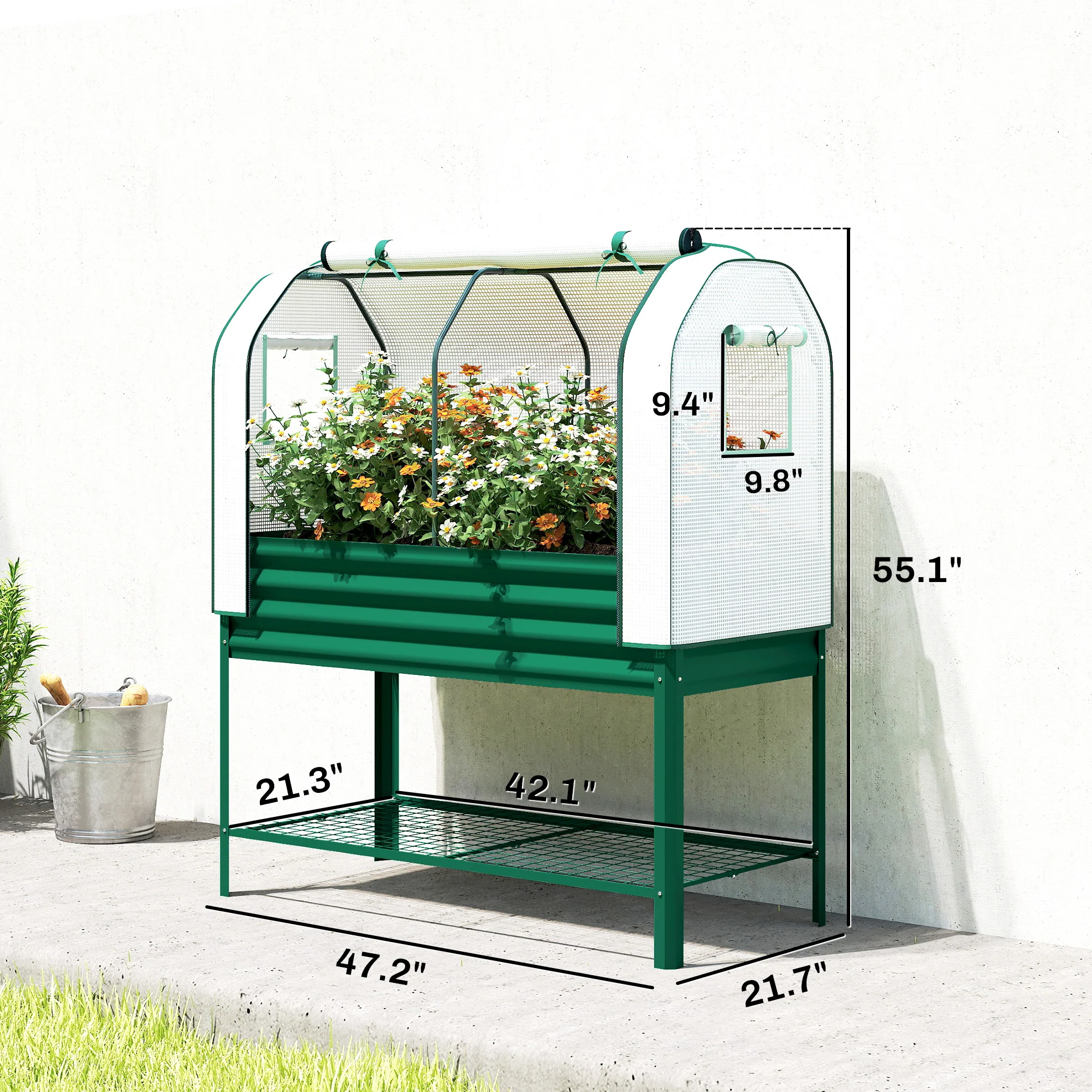 Galvanized Raised Garden Bed with Greenhouse Cover, Green - Image 5