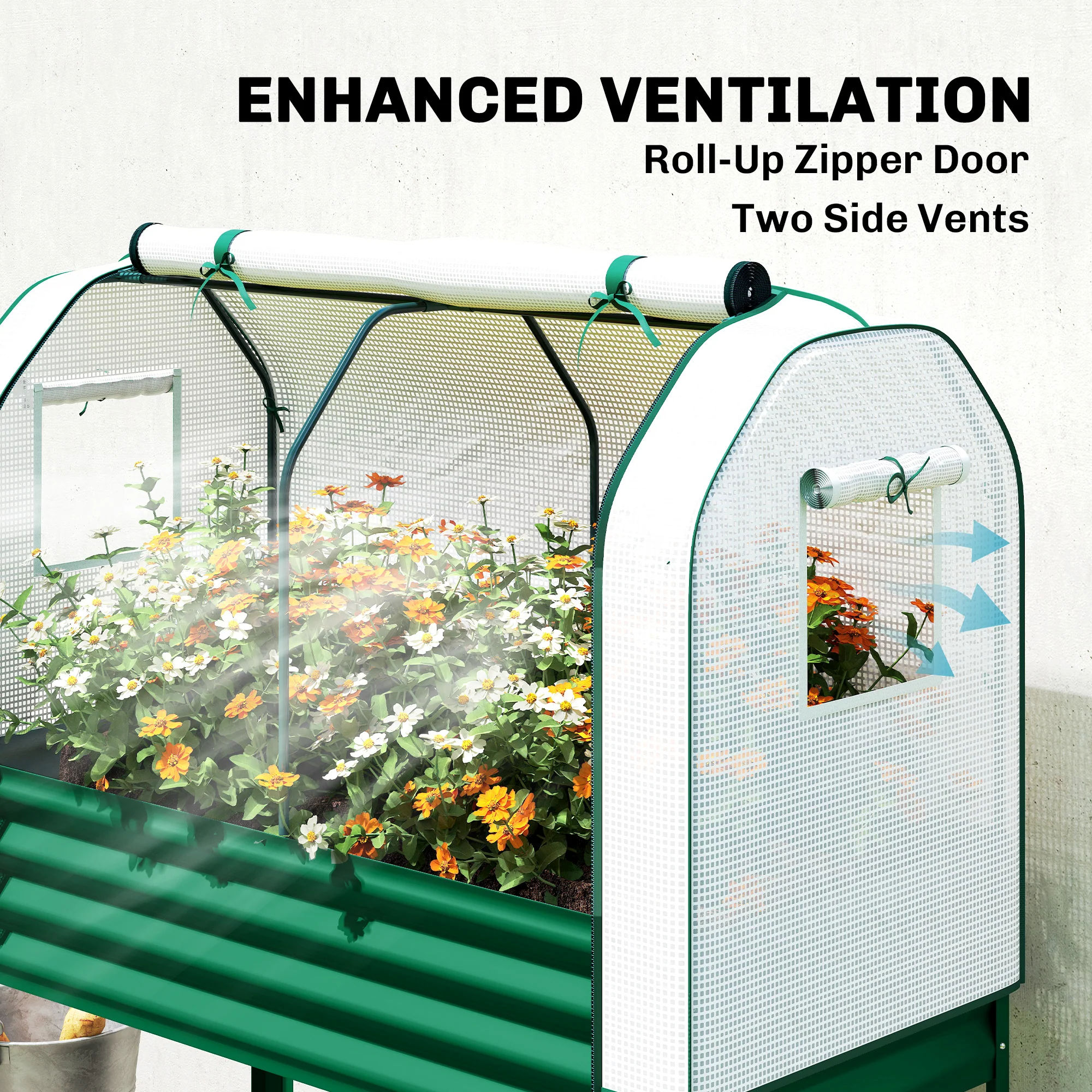 Galvanized Raised Garden Bed with Greenhouse Cover, Green - Image 7