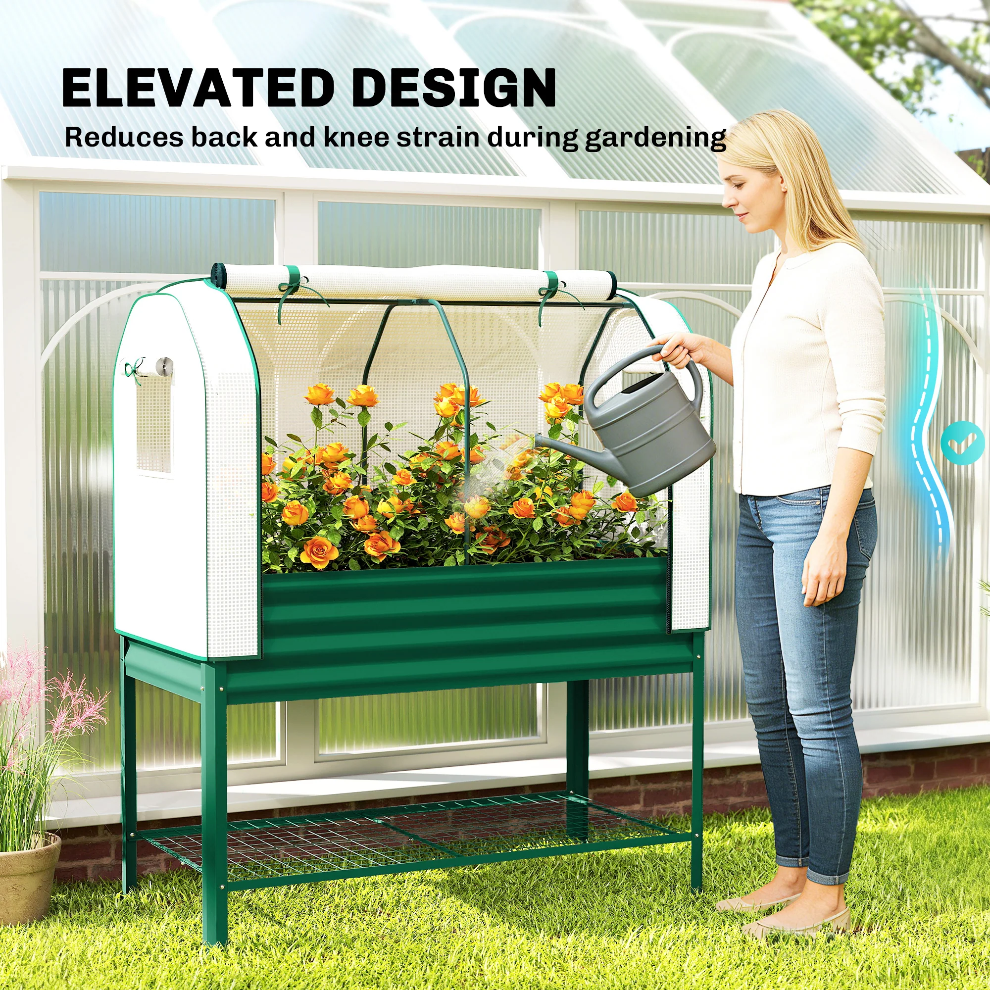 Galvanized Raised Garden Bed with Greenhouse Cover, Green - Image 8