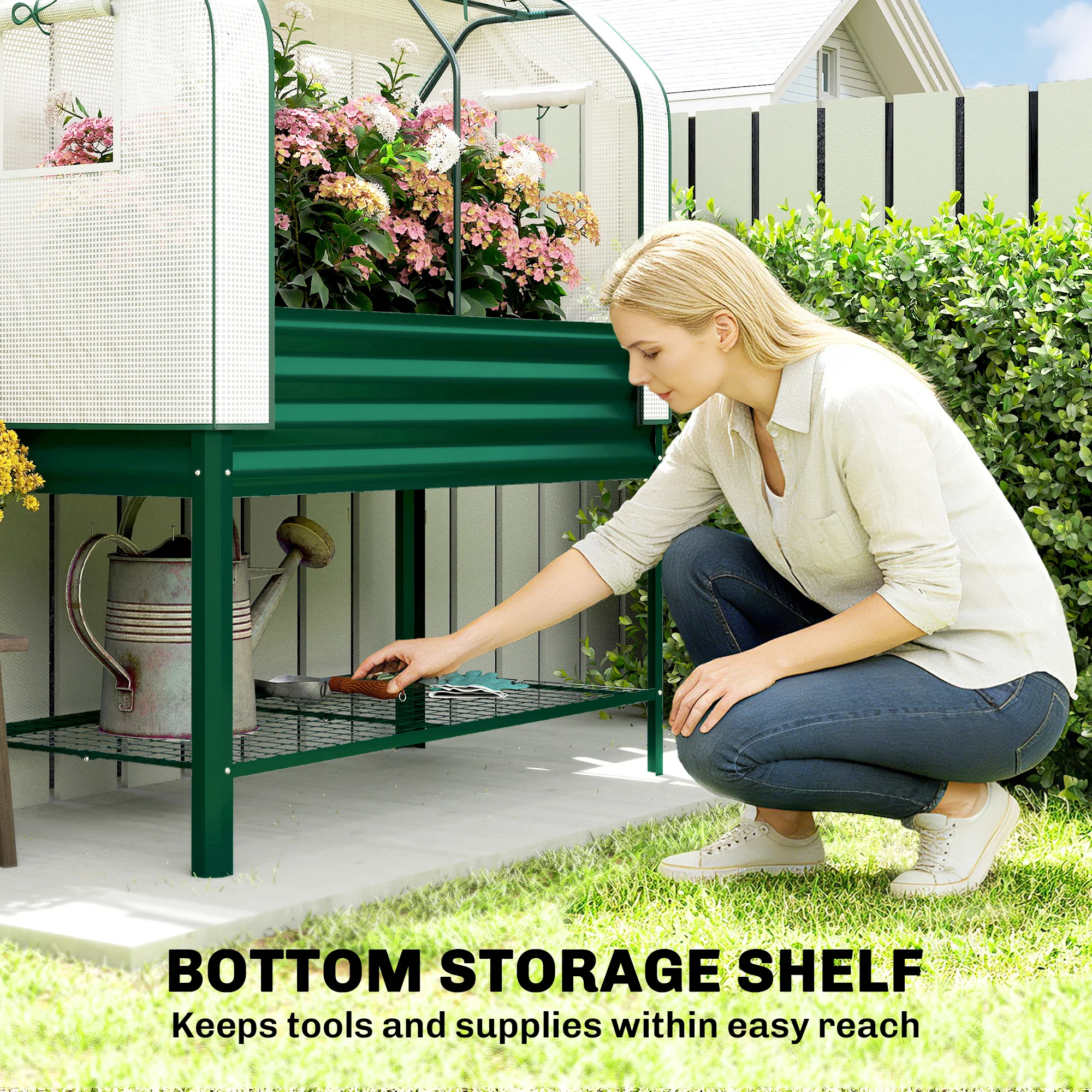 Galvanized Raised Garden Bed with Greenhouse Cover, Green - Image 9