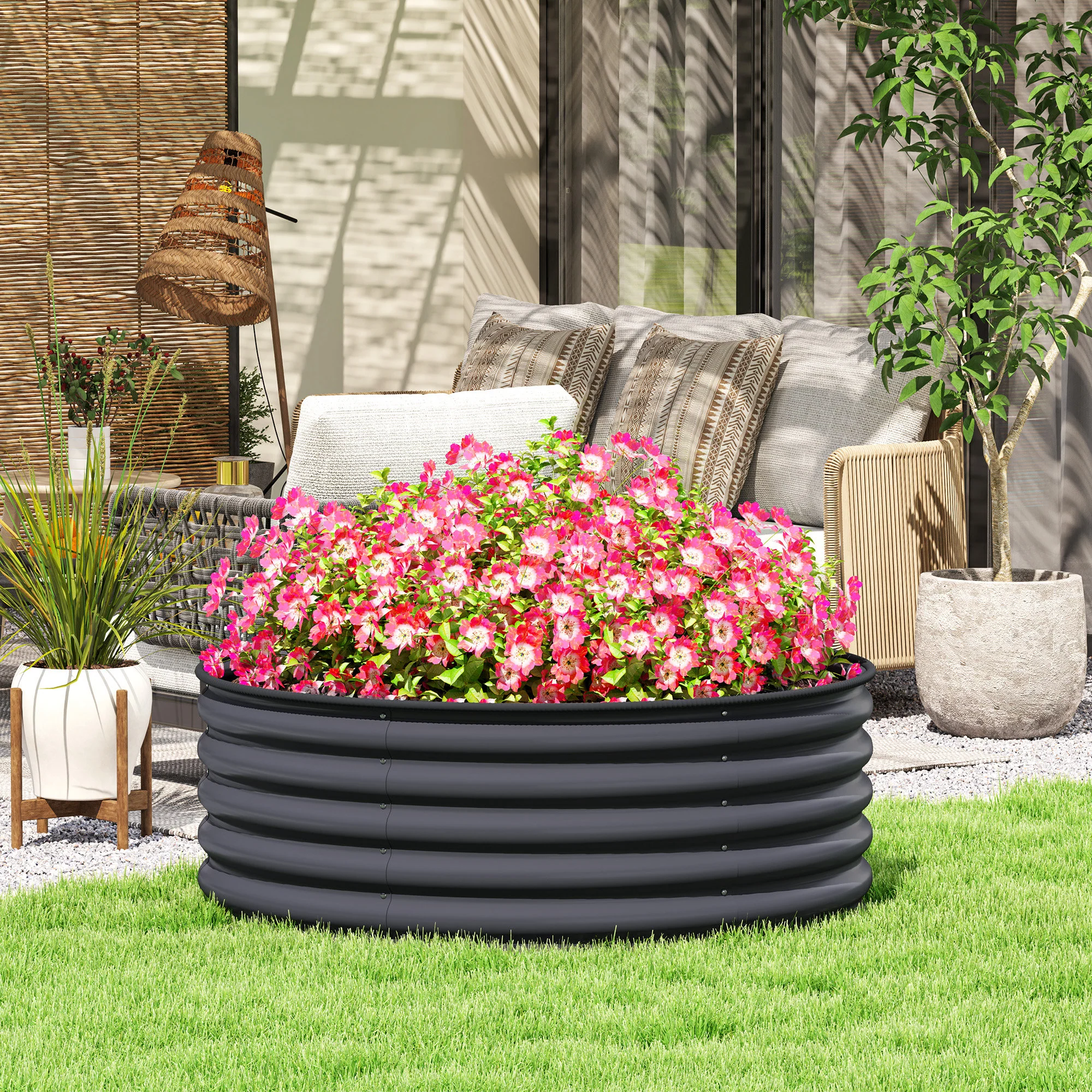 Galvanised Raised Garden Bed with Safety Edging, Outdoor Raised Planter Box with Gloves and Open Bottom, Metal Raised Bed for Flowers, Vegetables and Herbs, 120 x 120 x 43cm, Dark Grey - Image 3