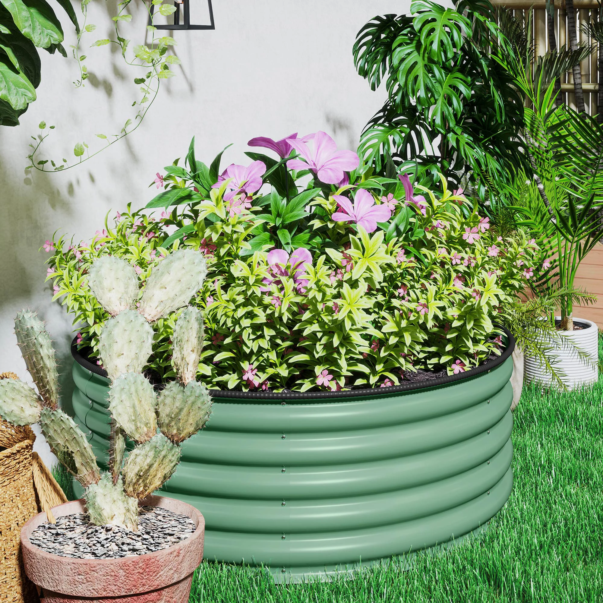 Galvanised Raised Garden Bed with Safety Edging, Outdoor Raised Planter Box with Gloves and Open Bottom, Metal Raised Bed for Flowers, Vegetables and Herbs, 120 x 120 x 43cm, Light Green - Image 10