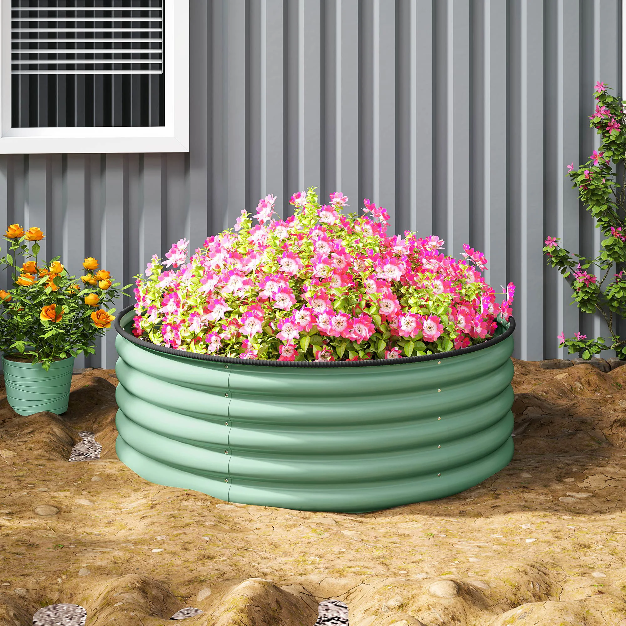 Galvanised Raised Garden Bed with Safety Edging, Outdoor Raised Planter Box with Gloves and Open Bottom, Metal Raised Bed for Flowers, Vegetables and Herbs, 120 x 120 x 43cm, Light Green - Image 11