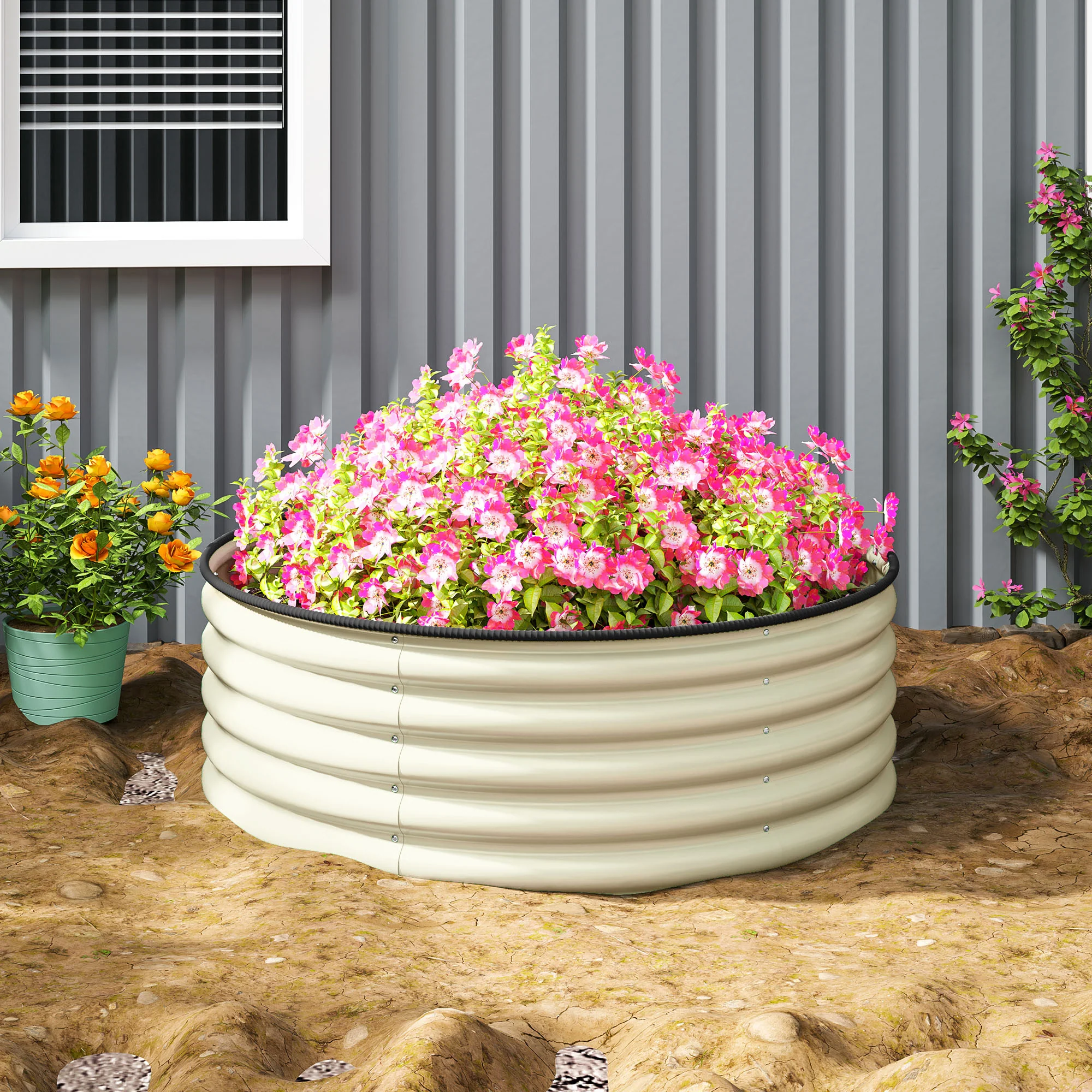 Galvanised Raised Garden Bed with Safety Edging, Outdoor Raised Planter Box with Gloves and Open Bottom, Metal Raised Bed for Flowers, Vegetables and Herbs, 120 x 120 x 43cm, Cream White - Image 11