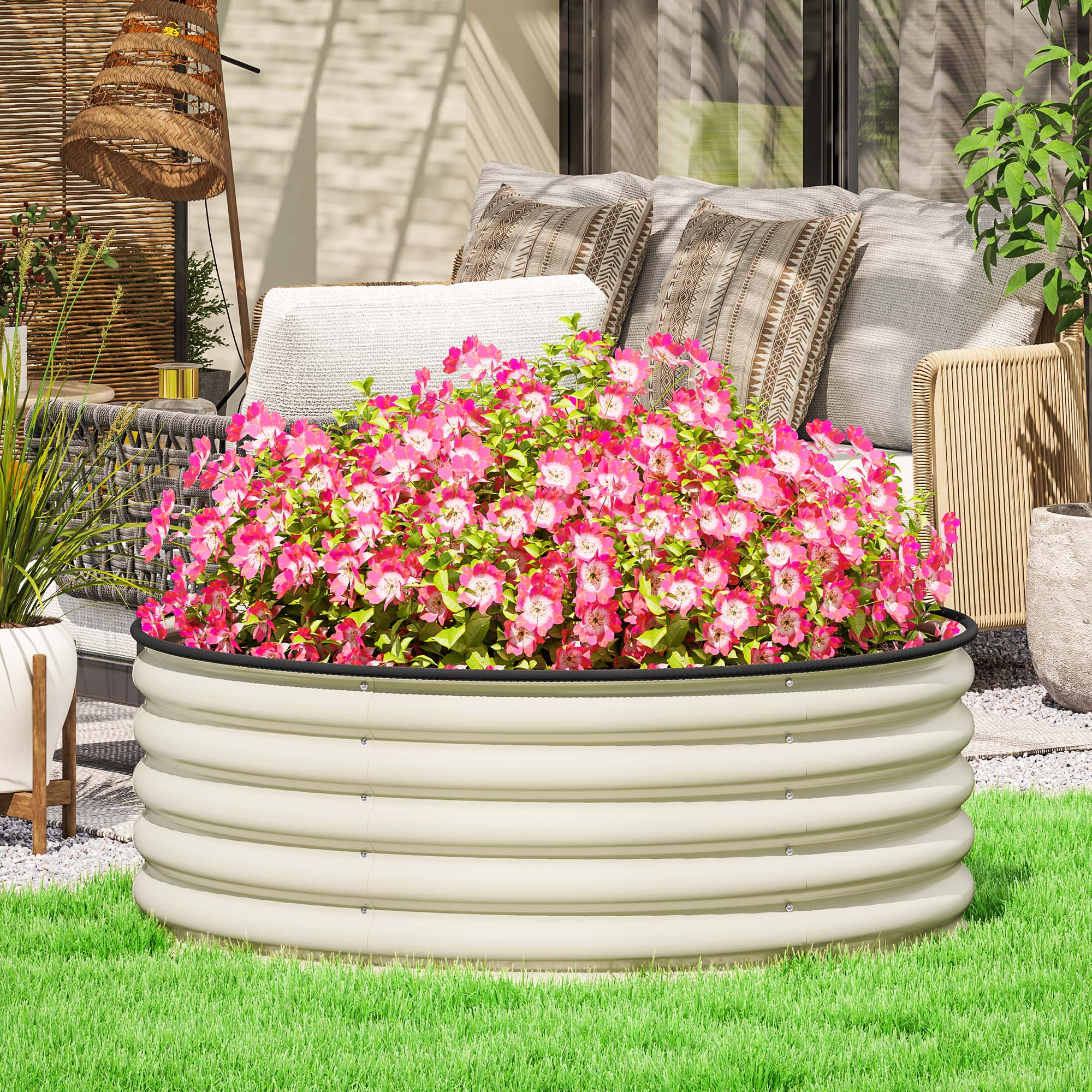 Galvanised Raised Garden Bed with Safety Edging, Outdoor Raised Planter Box with Gloves and Open Bottom, Metal Raised Bed for Flowers, Vegetables and Herbs, 120 x 120 x 43cm, Cream White - Image 3