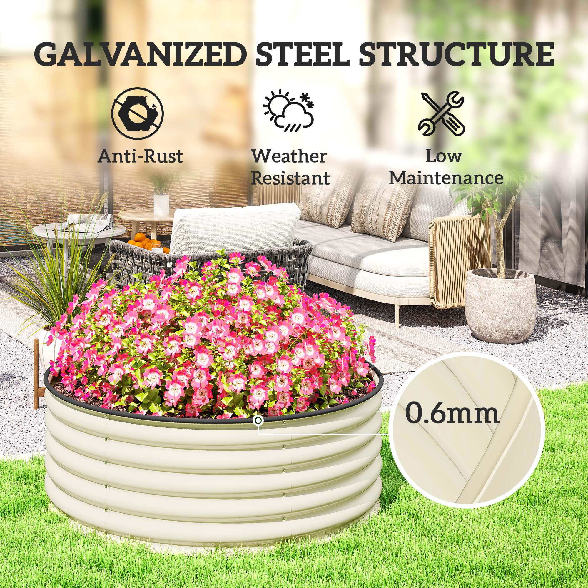 Galvanised Raised Garden Bed with Safety Edging, Outdoor Raised Planter Box with Gloves and Open Bottom, Metal Raised Bed for Flowers, Vegetables and Herbs, 120 x 120 x 43cm, Cream White - Image 7