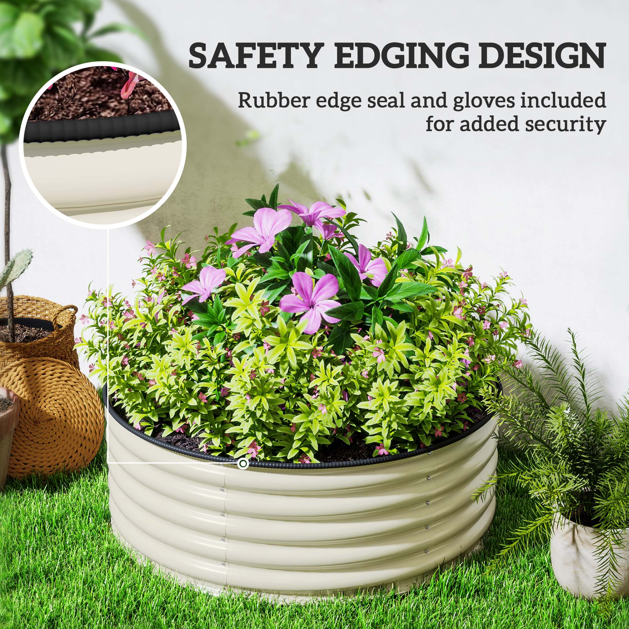 Galvanised Raised Garden Bed with Safety Edging, Outdoor Raised Planter Box with Gloves and Open Bottom, Metal Raised Bed for Flowers, Vegetables and Herbs, 120 x 120 x 43cm, Cream White - Image 8