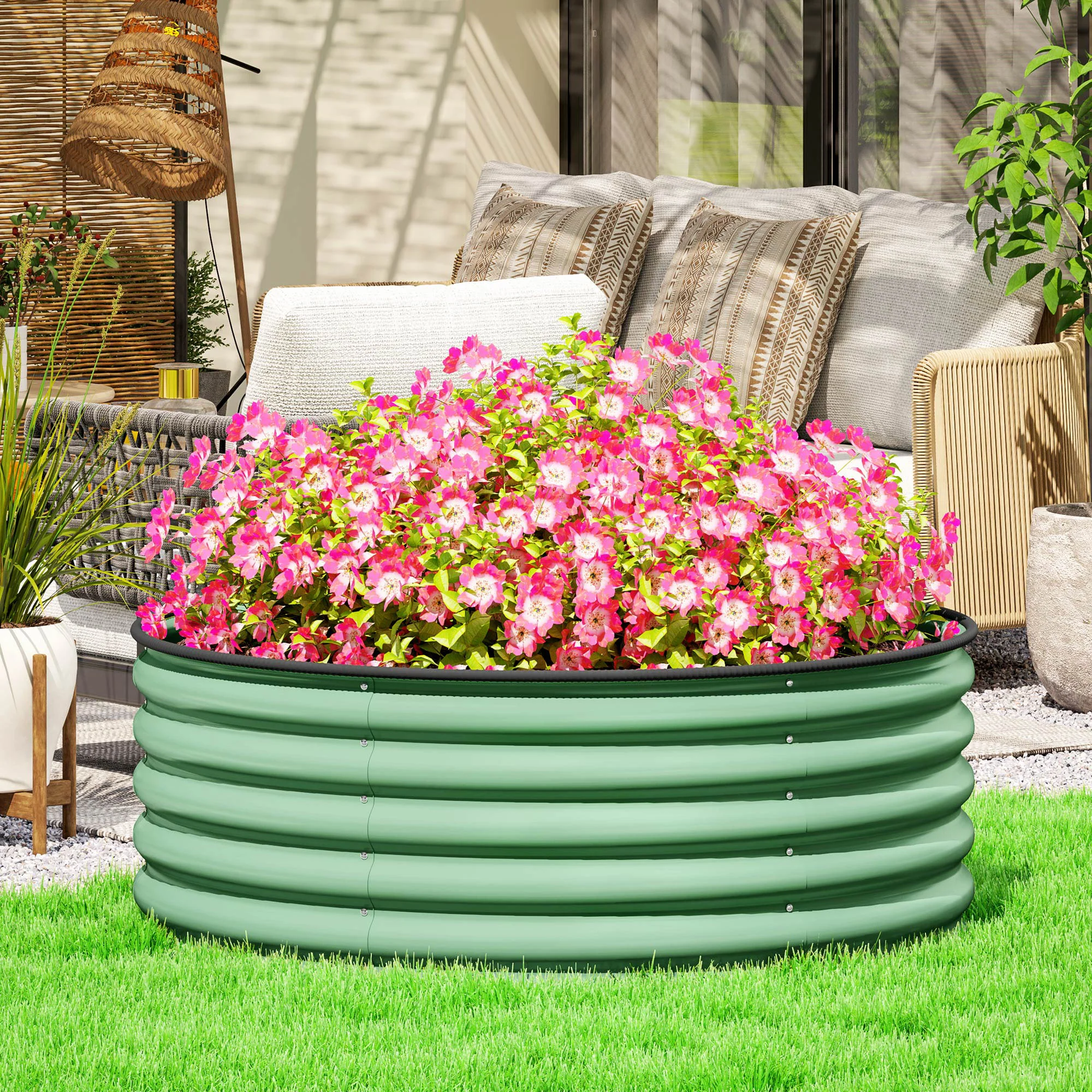 Galvanised Raised Garden Bed with Safety Edging, Outdoor Raised Planter Box with Gloves and Open Bottom, Metal Raised Bed for Flowers, Vegetables and Herbs, 120 x 120 x 43cm, Light Green - Image 3