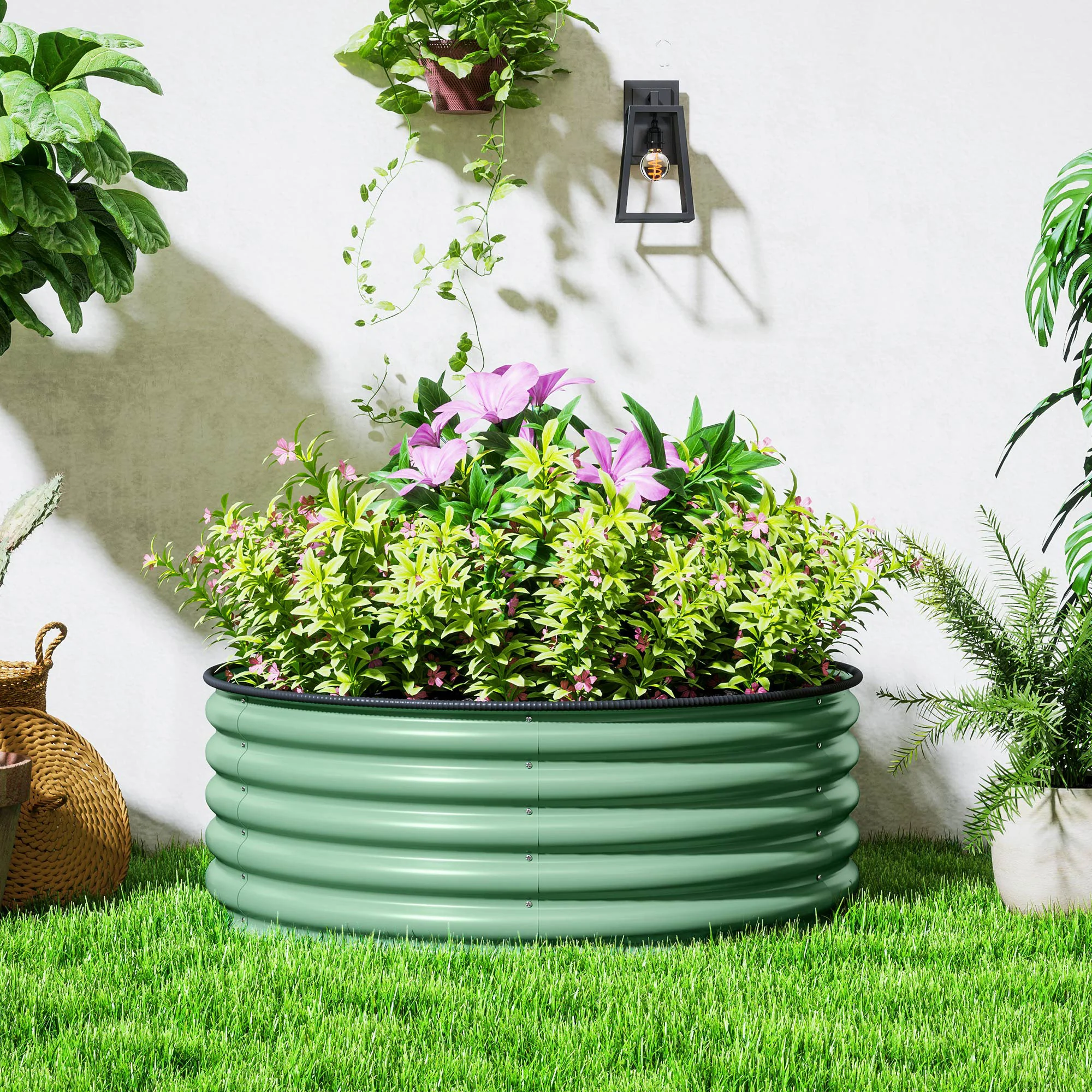 Galvanised Raised Garden Bed with Safety Edging, Outdoor Raised Planter Box with Gloves and Open Bottom, Metal Raised Bed for Flowers, Vegetables and Herbs, 120 x 120 x 43cm, Light Green - Image 4