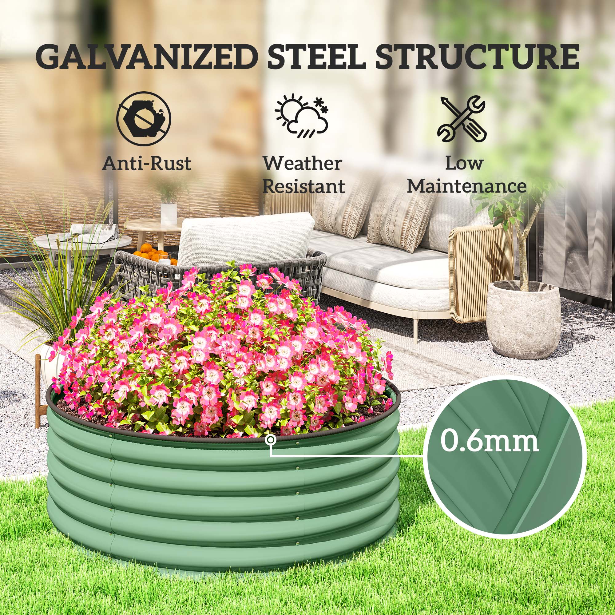 Galvanised Raised Garden Bed with Safety Edging, Outdoor Raised Planter Box with Gloves and Open Bottom, Metal Raised Bed for Flowers, Vegetables and Herbs, 120 x 120 x 43cm, Light Green - Image 7