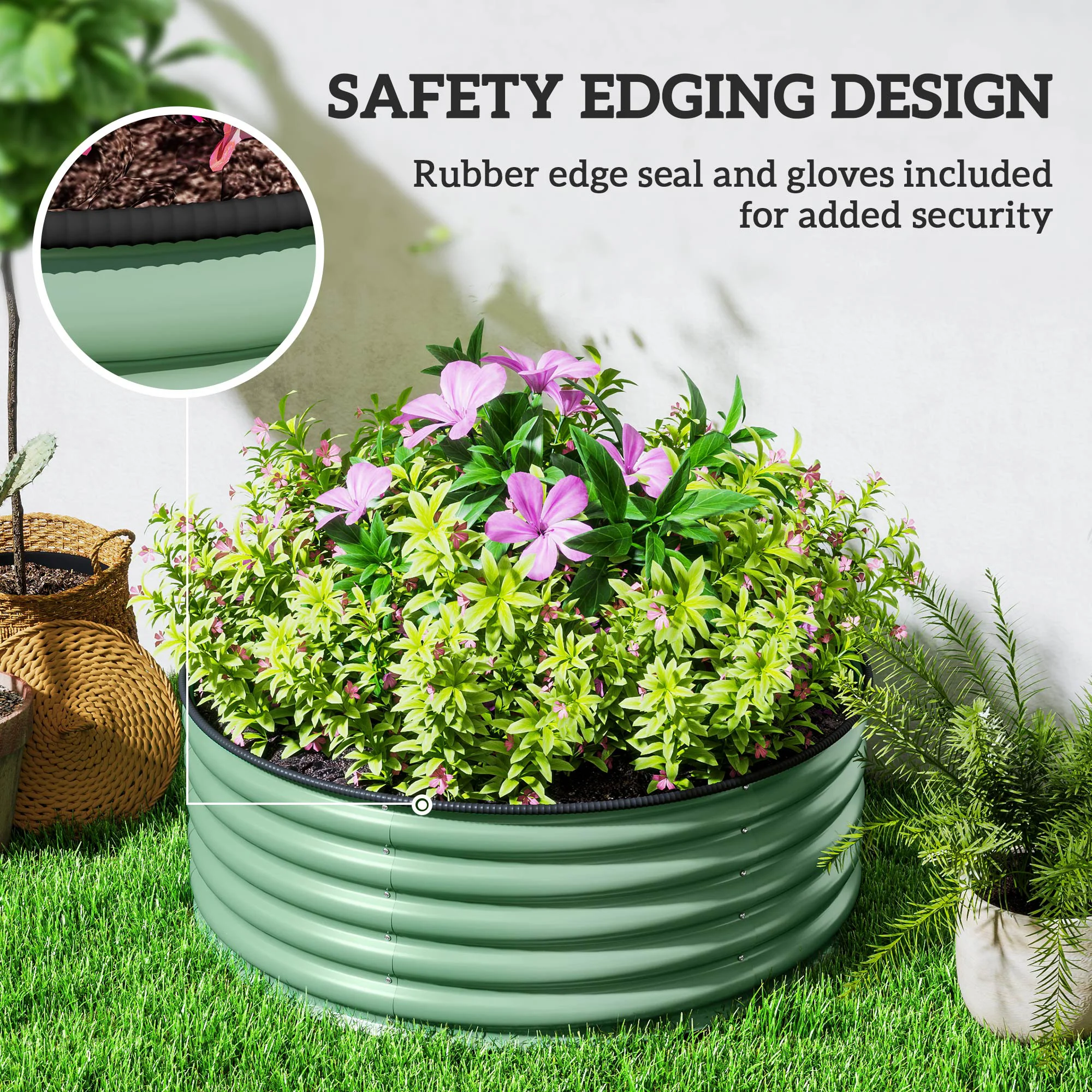 Galvanised Raised Garden Bed with Safety Edging, Outdoor Raised Planter Box with Gloves and Open Bottom, Metal Raised Bed for Flowers, Vegetables and Herbs, 120 x 120 x 43cm, Light Green - Image 8