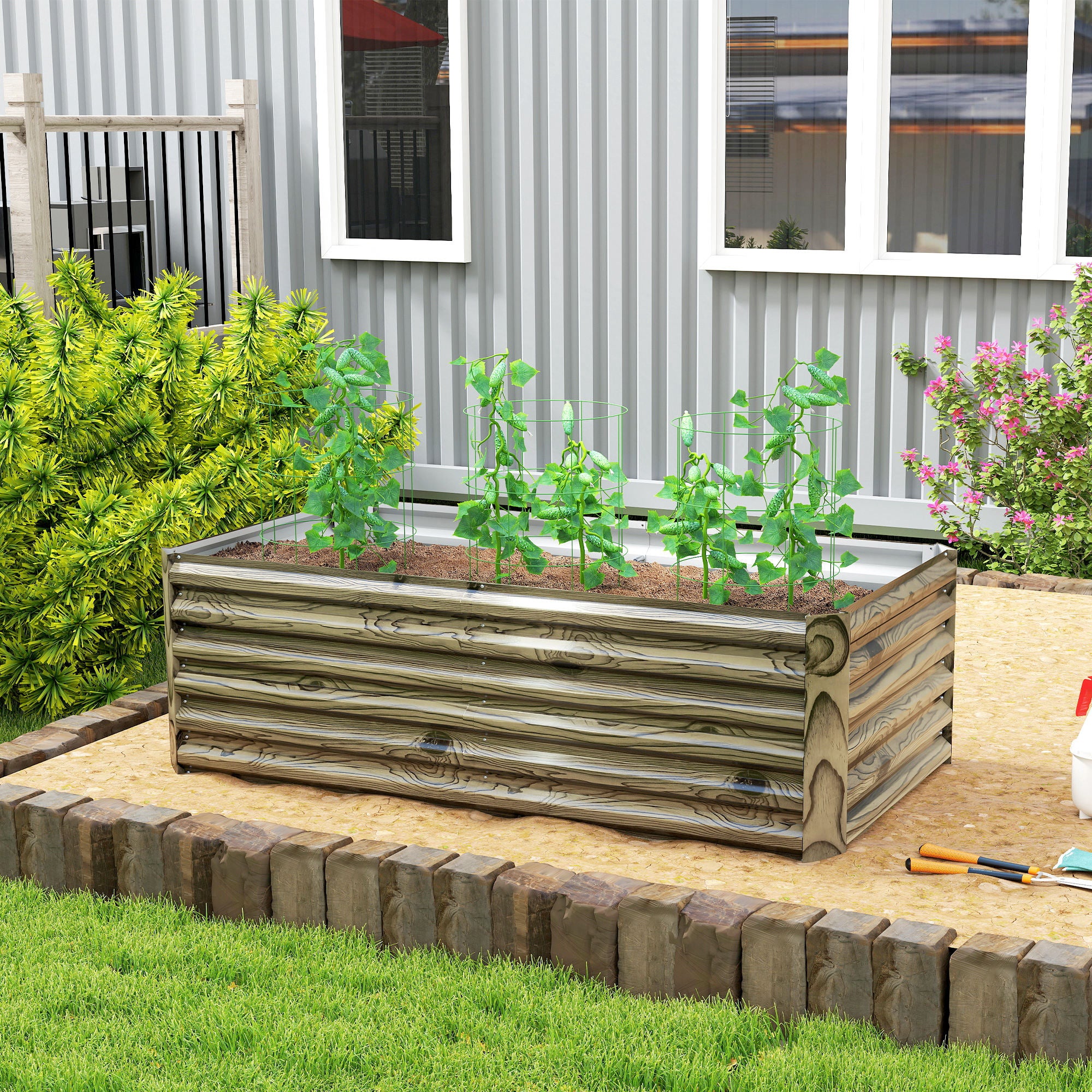 6' x 3' x 2' Galvanized Raised Garden Bed for Vegetables, Light Wood Effect - Image 3