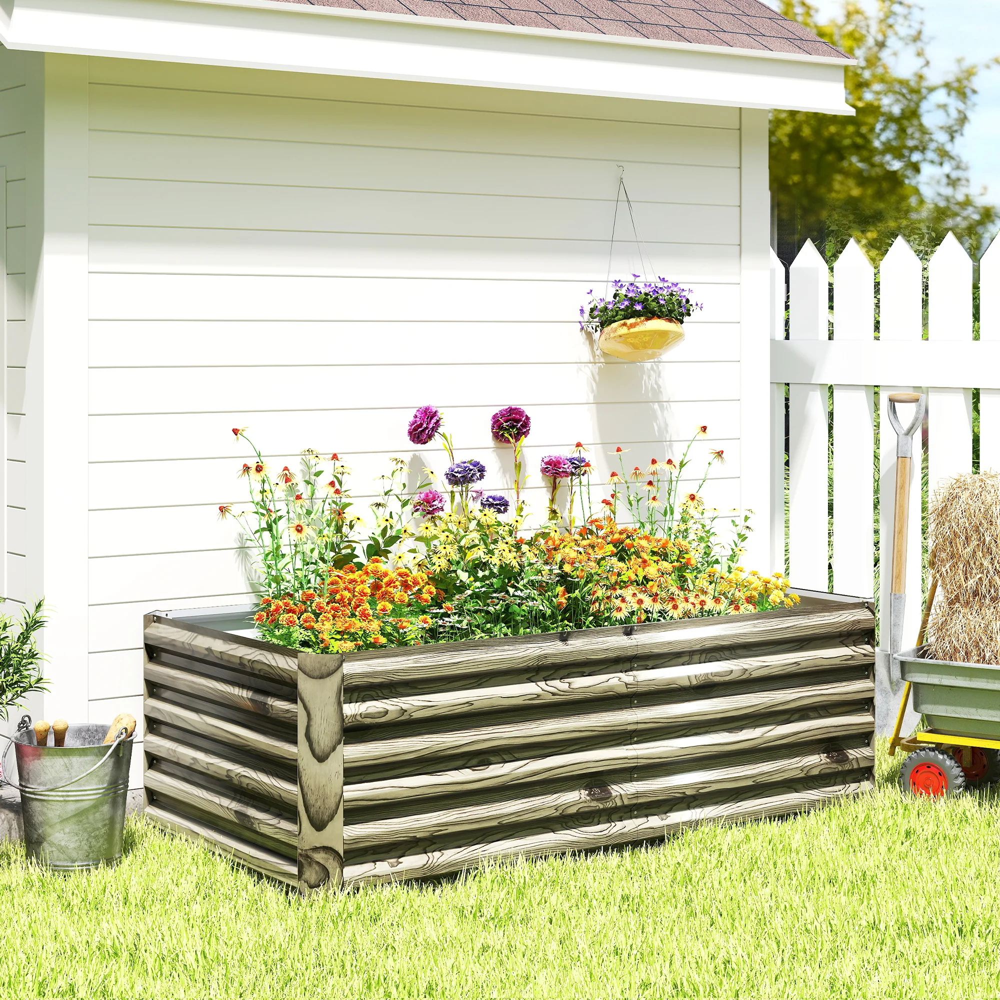 6' x 3' x 2' Galvanized Raised Garden Bed for Vegetables, Light Wood Effect - Image 4