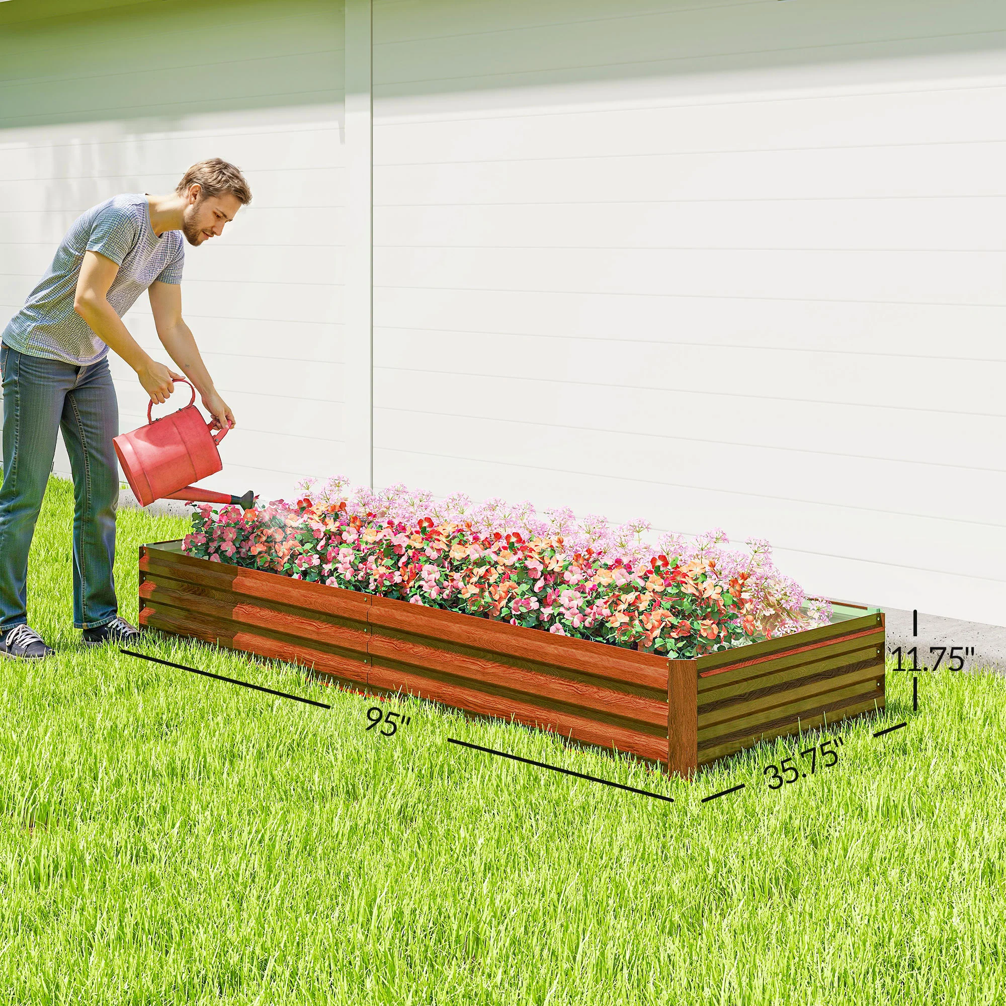 8' x 3' x 1' Galvanized Raised Garden Bed for Growing Flowers, Succulents, Natural Wood - Image 5