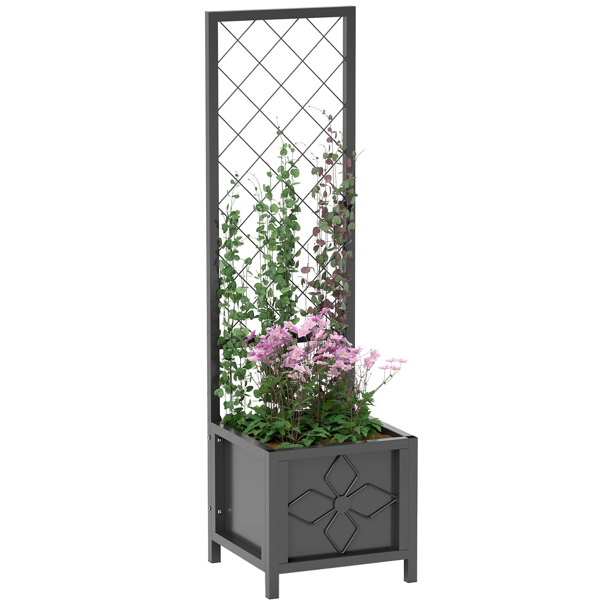 Galvanized Raised Garden Bed with Trellis, Drainage Holes, Privacy Screen,15.7" x 15.7" x 55.1"