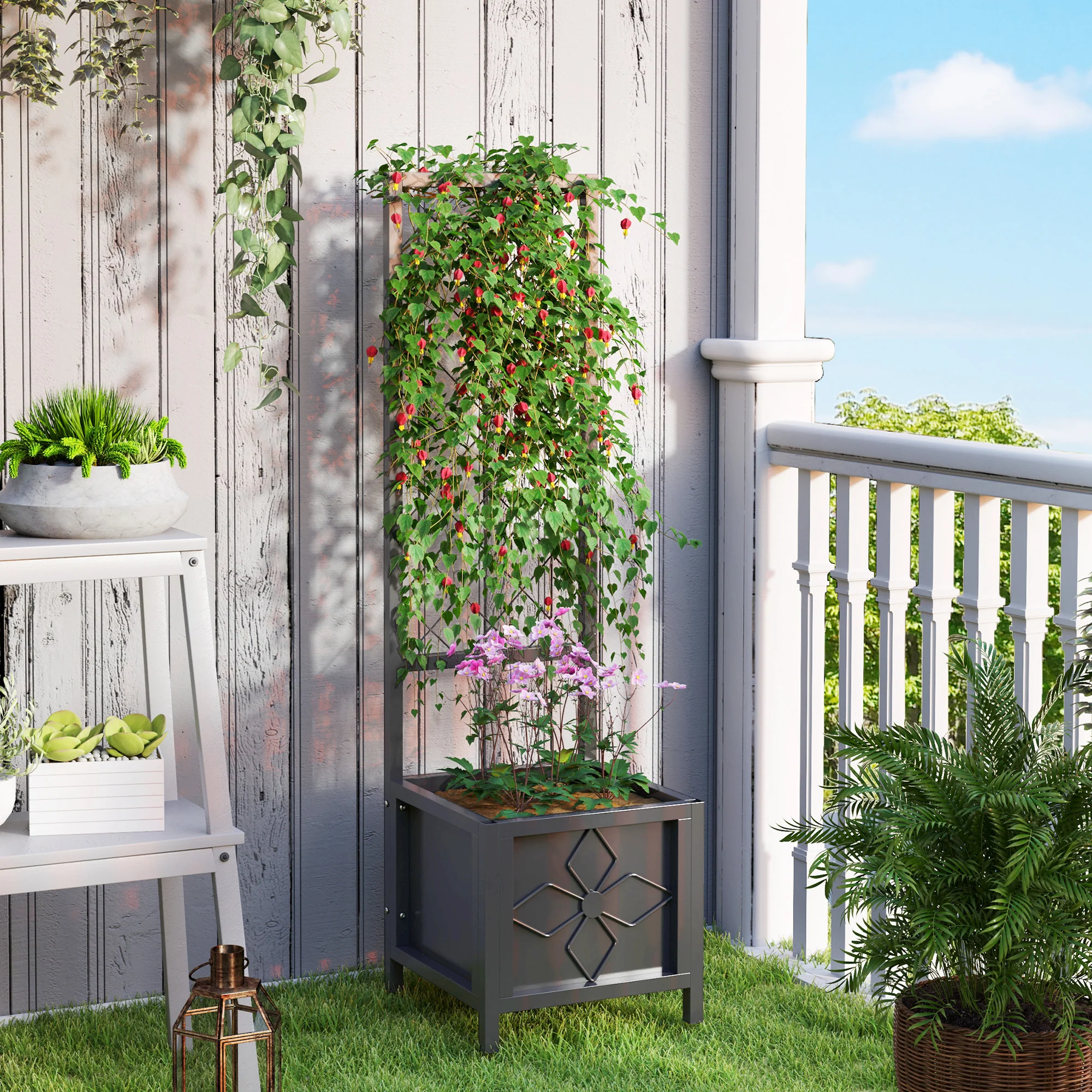 Galvanized Raised Garden Bed with Trellis, Drainage Holes, Privacy Screen,15.7" x 15.7" x 55.1" - Image 4