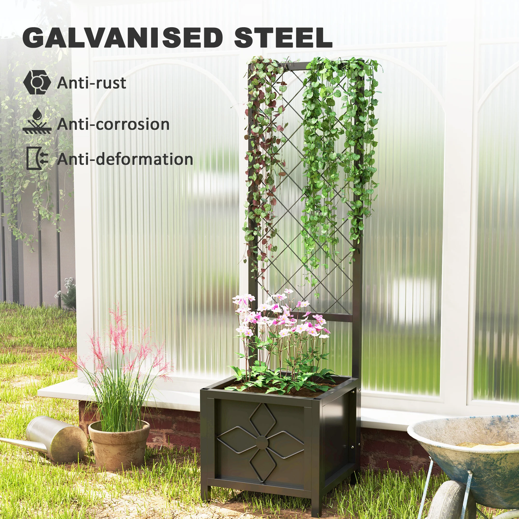 Galvanized Raised Garden Bed with Trellis, Drainage Holes, Privacy Screen,15.7" x 15.7" x 55.1" - Image 6