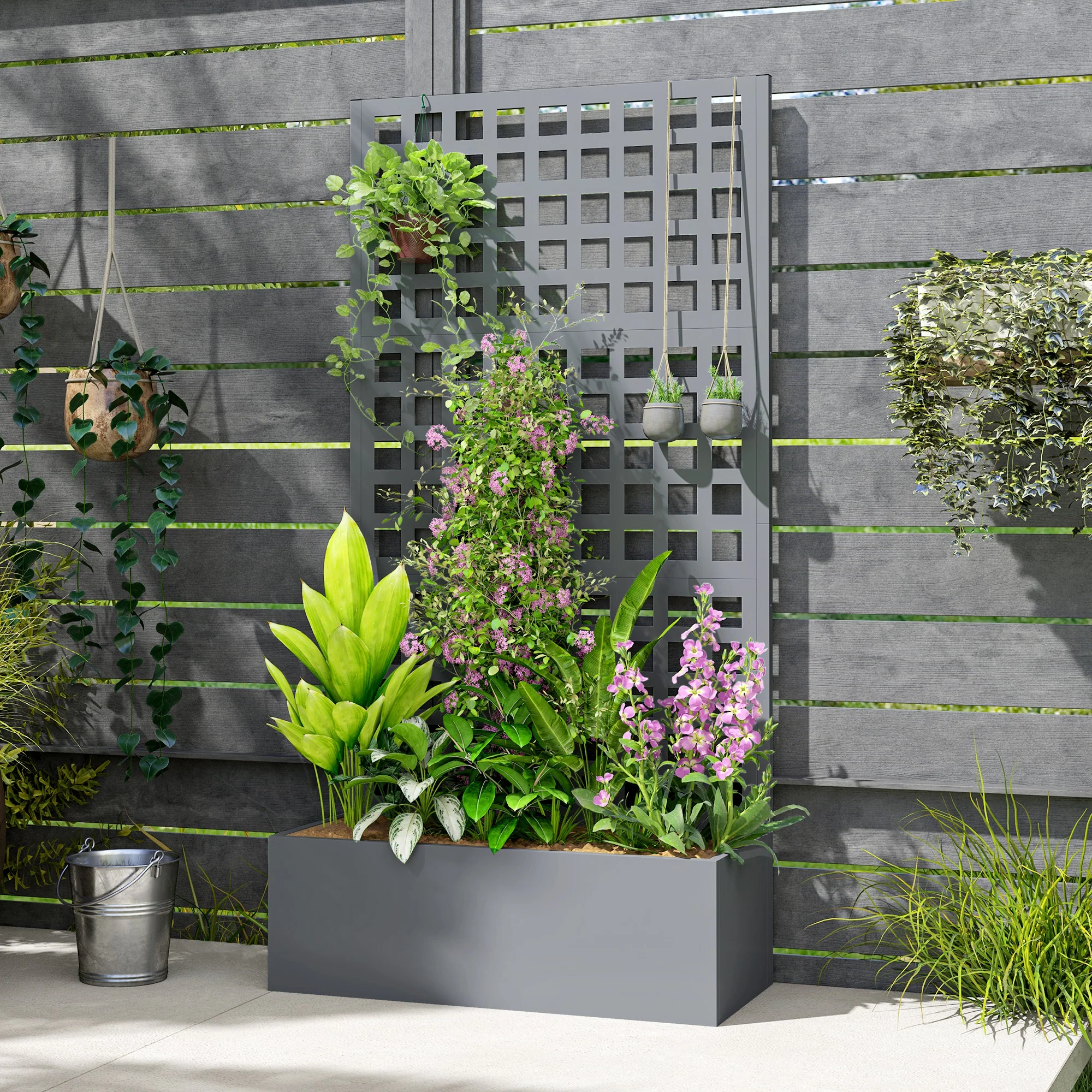 35" x 16" x 70" Raised Garden Bed with Trellis and Privacy Screen, Grey Wood Effect - Image 10