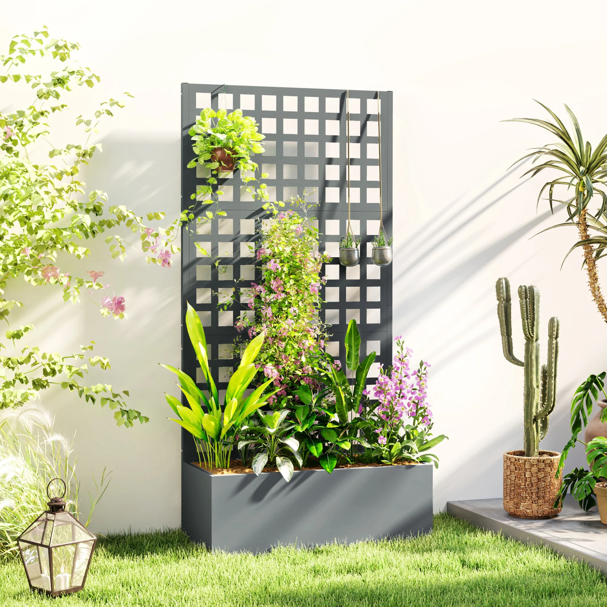 35" x 16" x 70" Raised Garden Bed with Trellis and Privacy Screen, Grey Wood Effect - Image 3