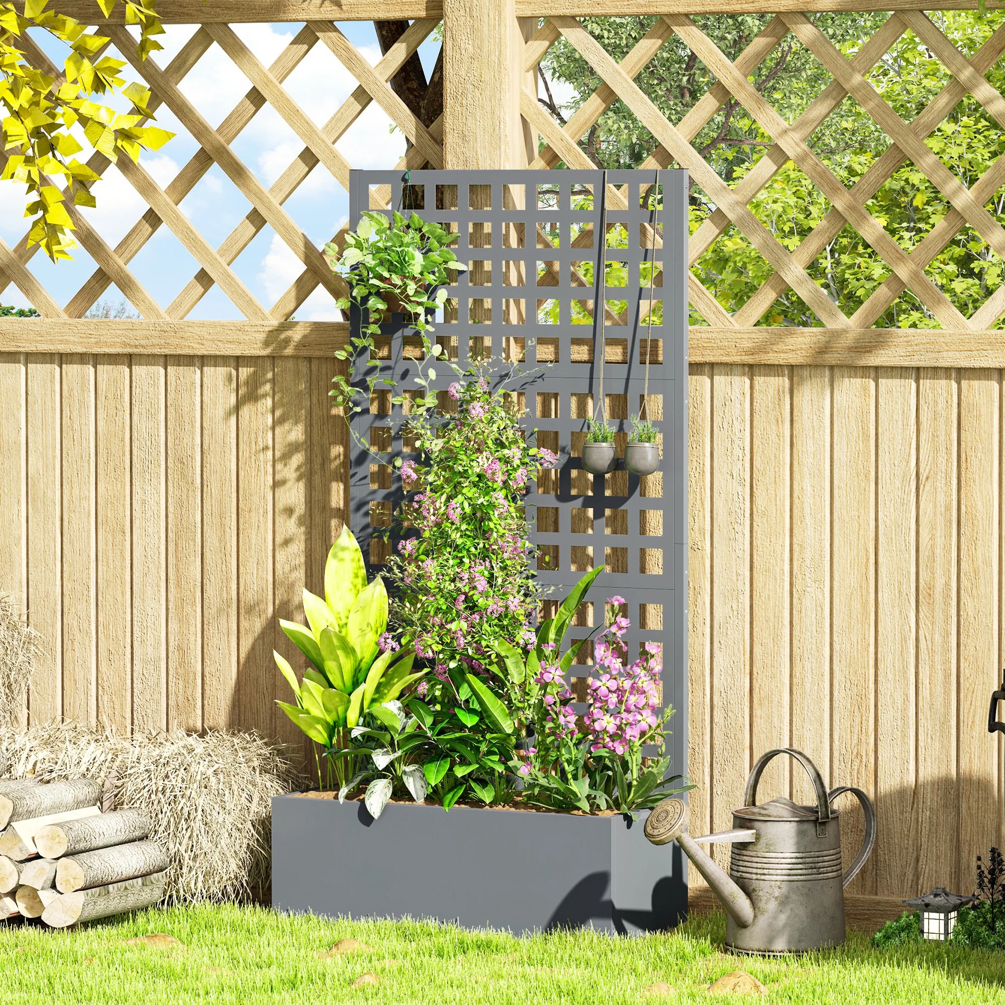 35" x 16" x 70" Raised Garden Bed with Trellis and Privacy Screen, Grey Wood Effect - Image 4