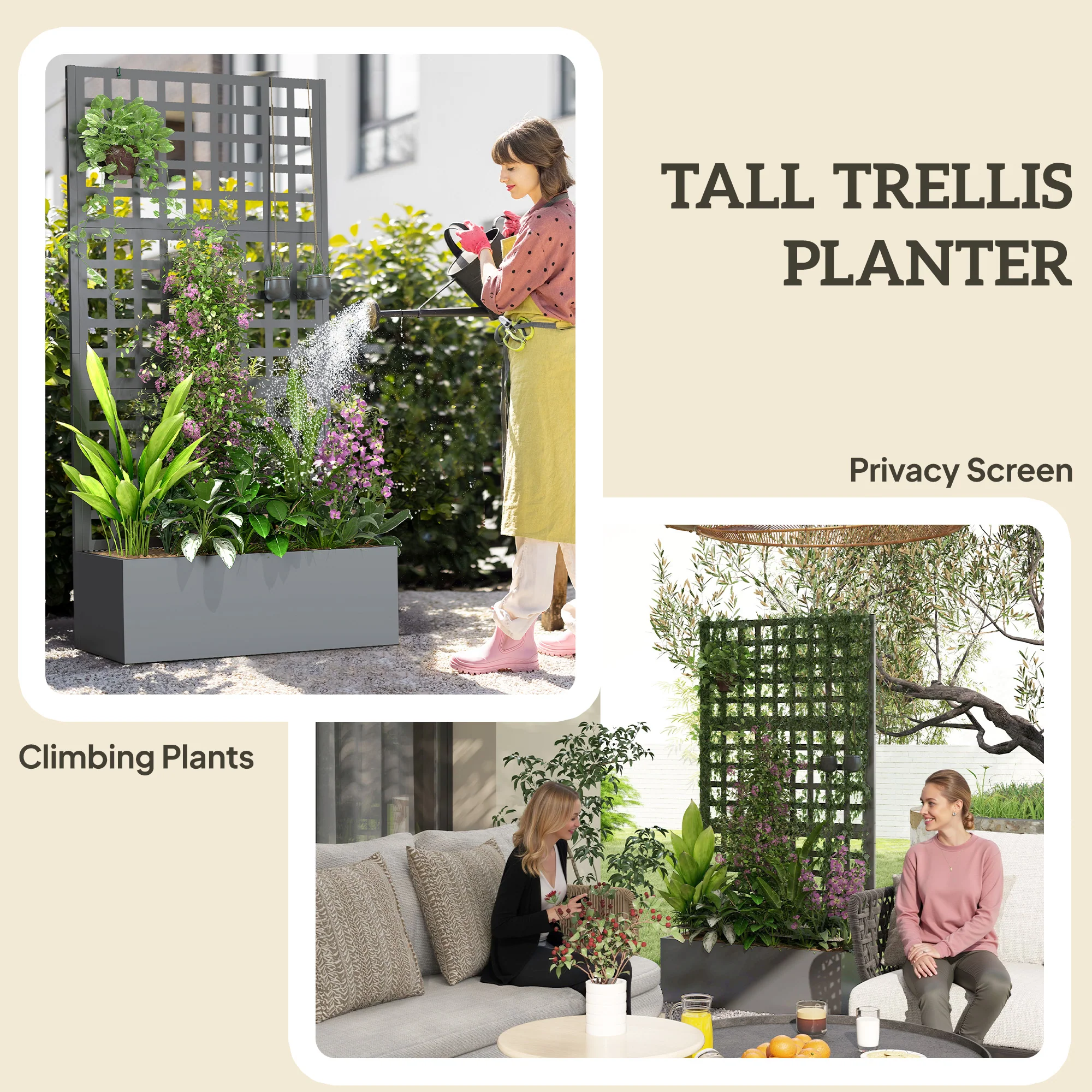 35" x 16" x 70" Raised Garden Bed with Trellis and Privacy Screen, Grey Wood Effect - Image 7