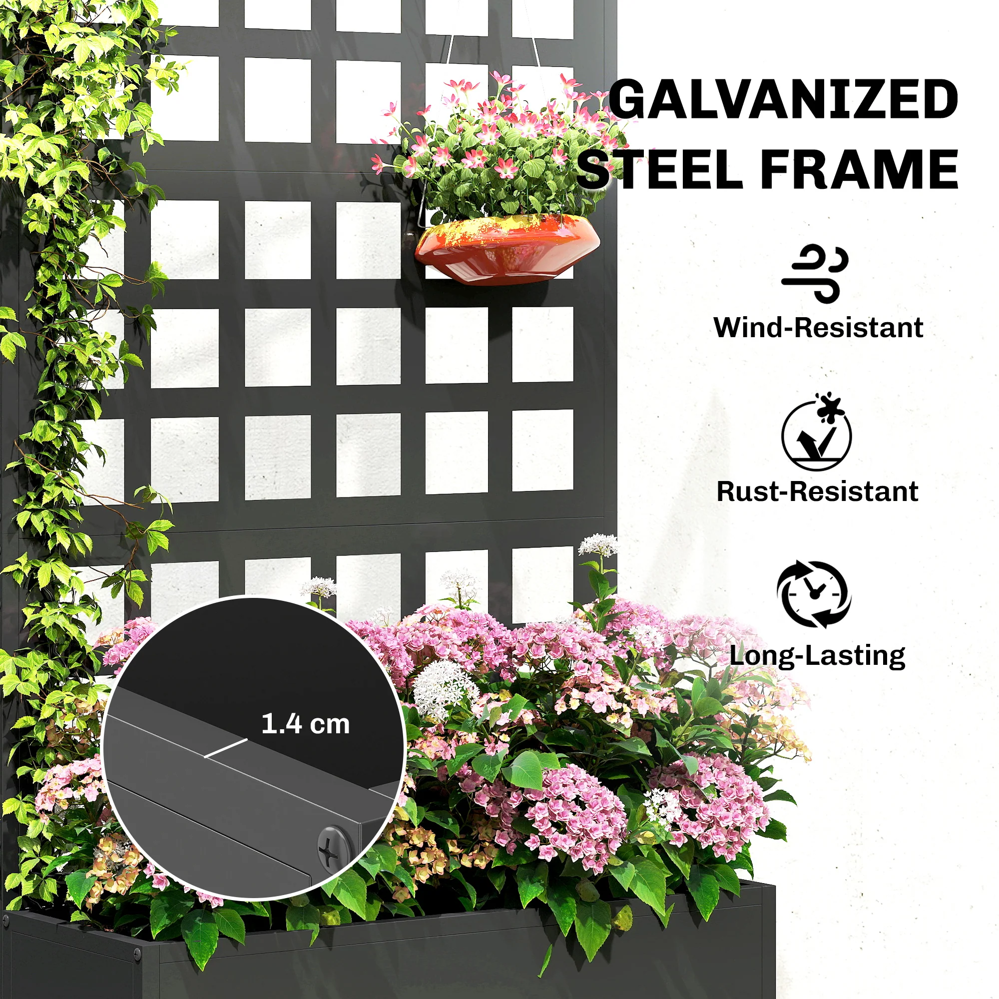 24" x 9" x 44.5" Raised Garden Bed with Trellis and Drainage, Black - Image 6