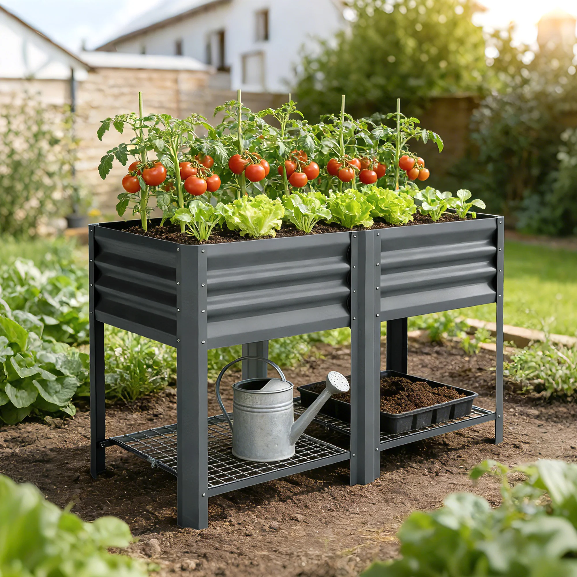 Galvanized Steel Raised Garden Bed with Legs and Storage Shelf, Dark Grey - Image 4
