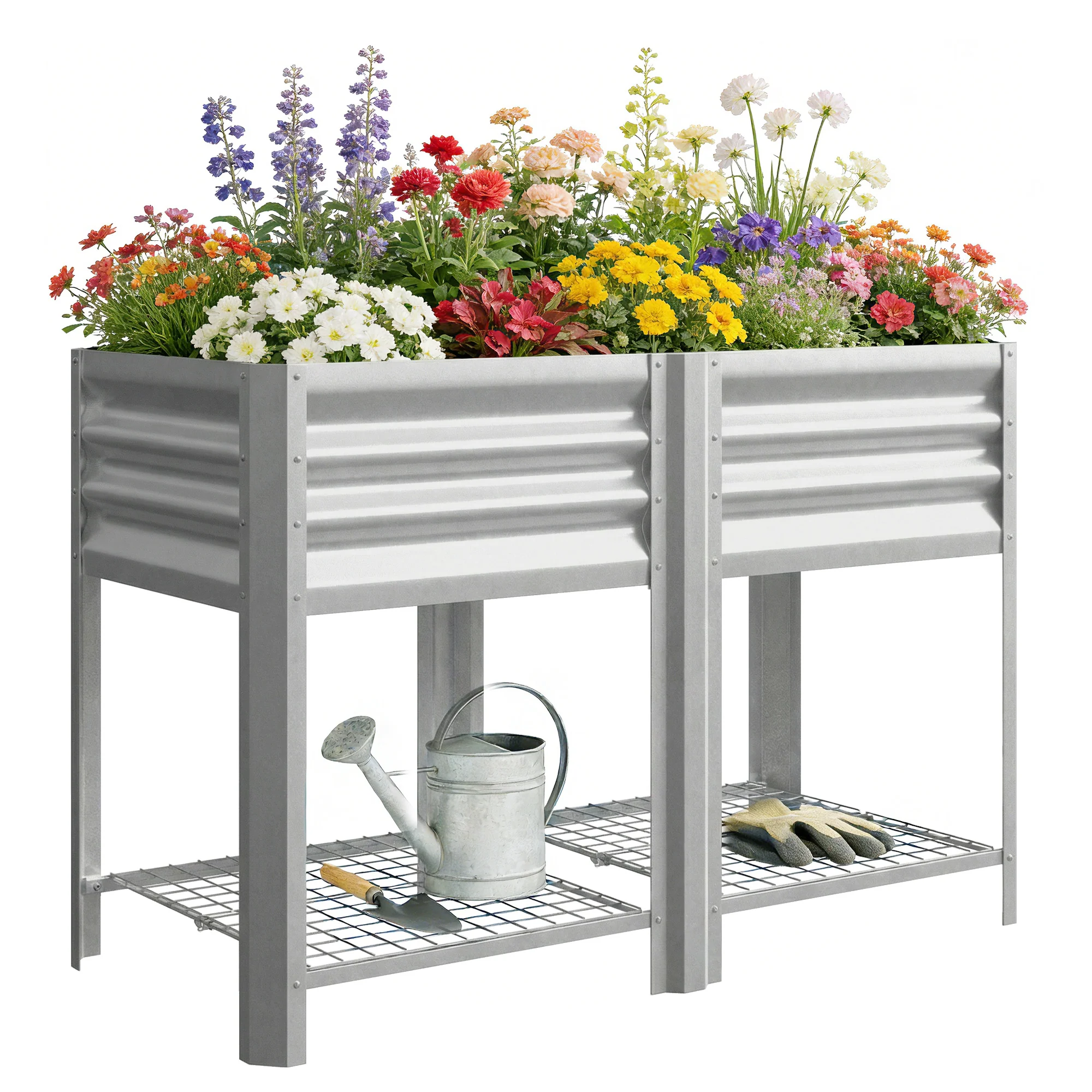 Galvanized Steel Raised Garden Bed with Legs and Storage Shelf, Silver