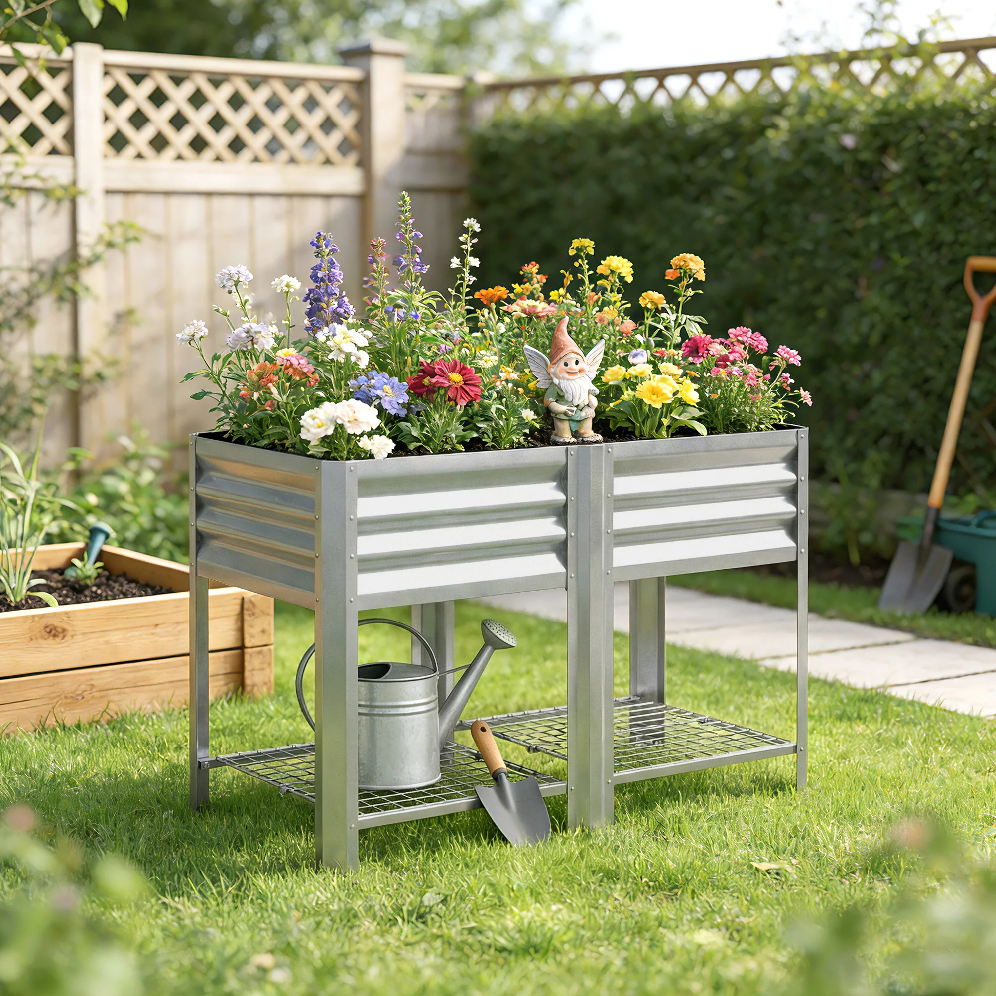 Galvanized Steel Raised Garden Bed with Legs and Storage Shelf, Silver - Image 11
