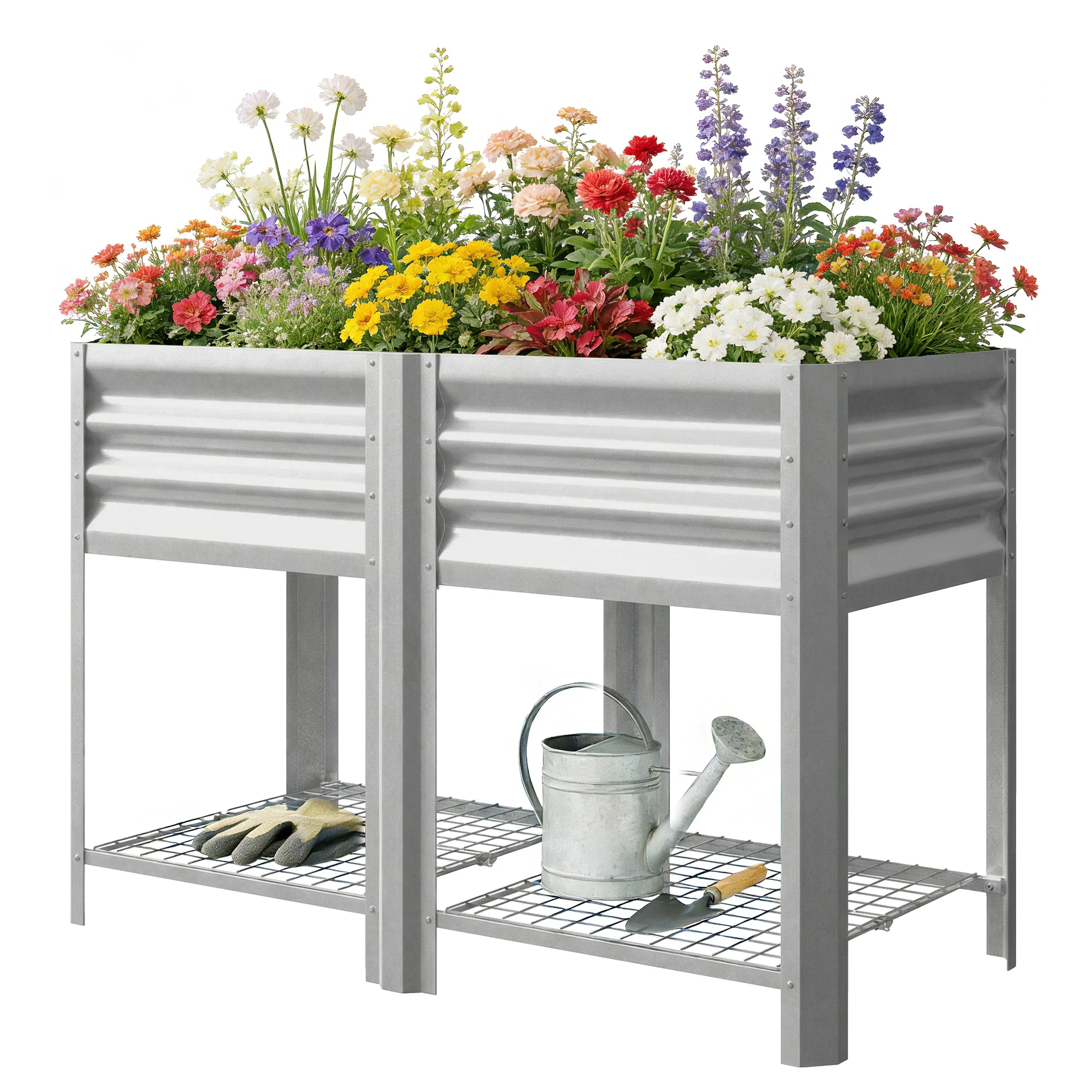 Galvanized Steel Raised Garden Bed with Legs and Storage Shelf, Silver - Image 2