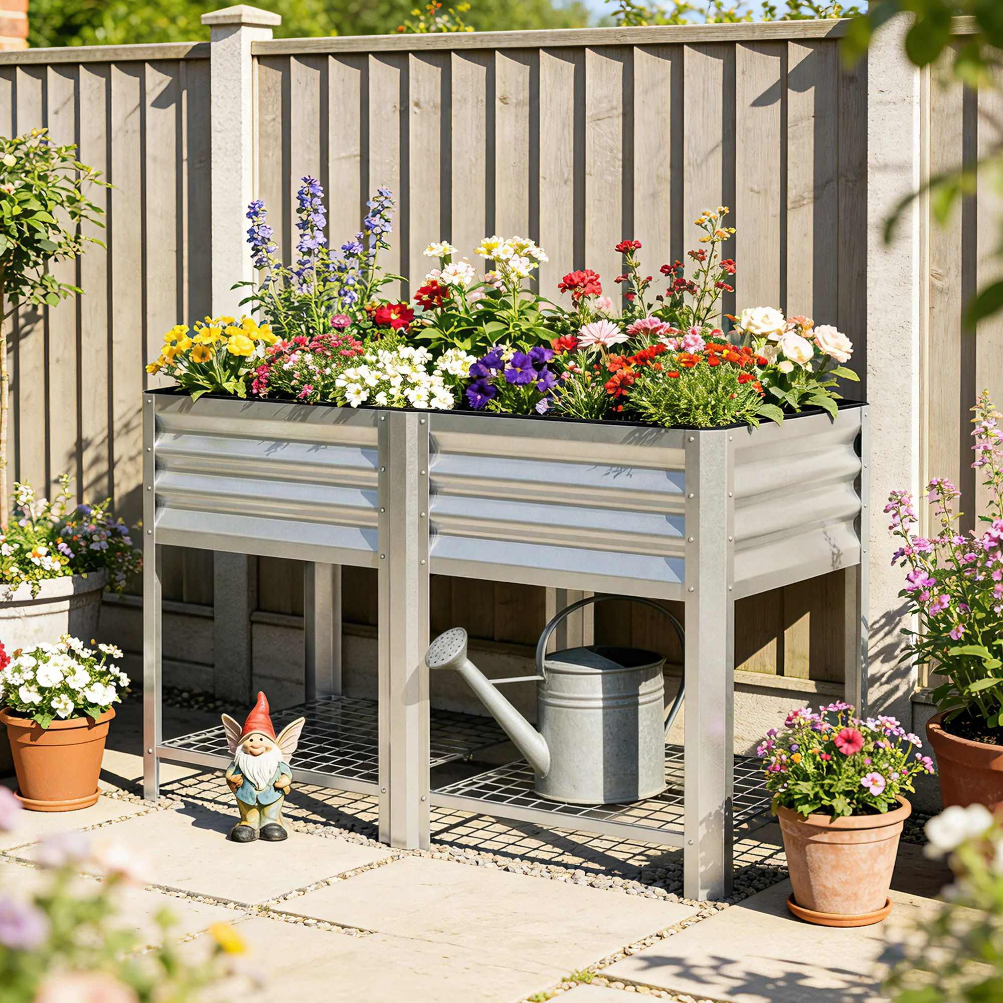 Galvanized Steel Raised Garden Bed with Legs and Storage Shelf, Silver - Image 3
