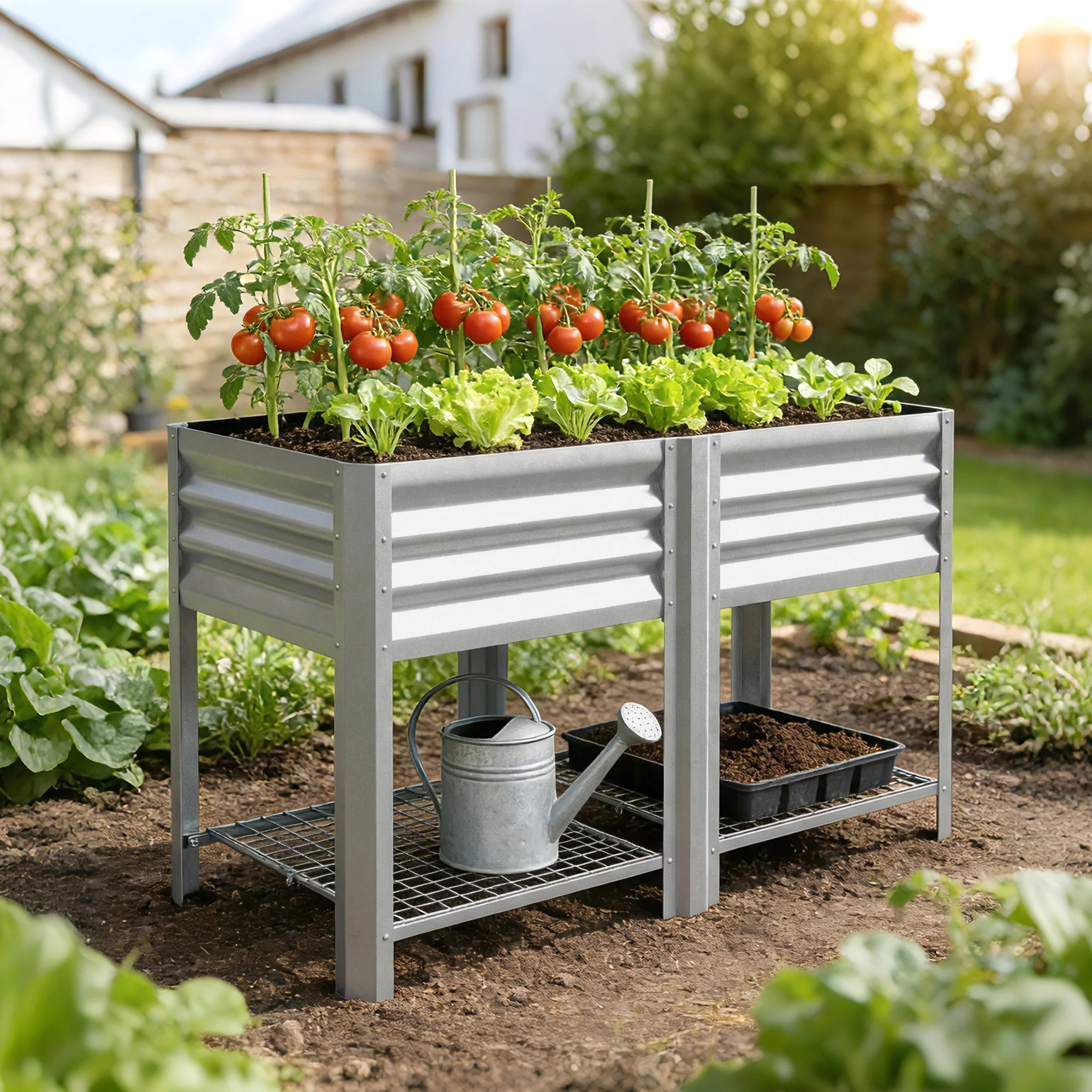 Galvanized Steel Raised Garden Bed with Legs and Storage Shelf, Silver - Image 4